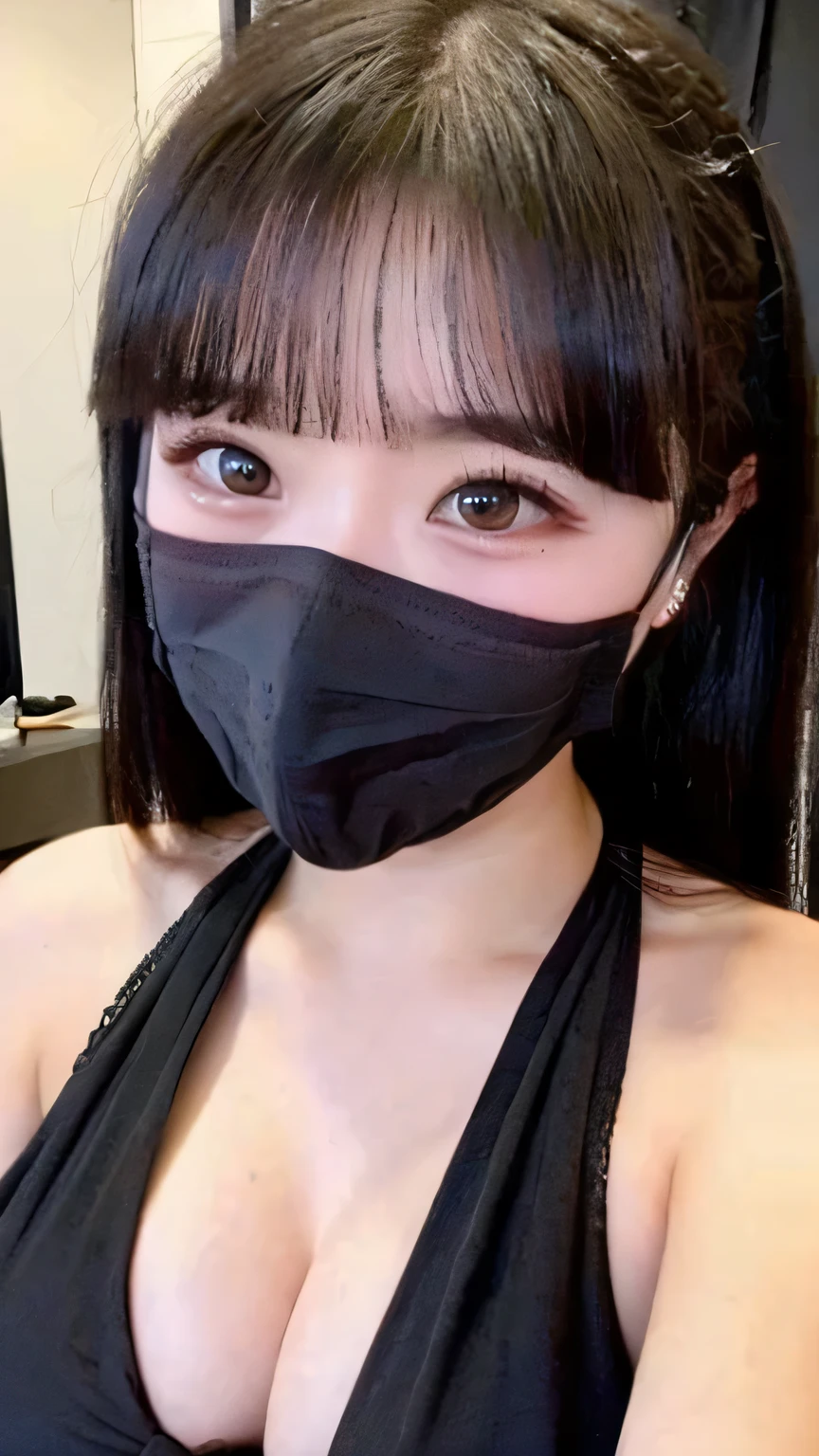 High Quality、masterpiece、high resolution、beautiful details, ((upper body:1))、1 japanese girl、((13yo)), ((high pink blush under eyes:1.1)), ((red eyeshadow upper and lower)), thin droop eyeliner、high level of detail、((big boobs:1.8))、(hyperrealism:1.4), ((wearing a black cloth mask:1.5)), ((black hair)), ((micro bikini:1.5))