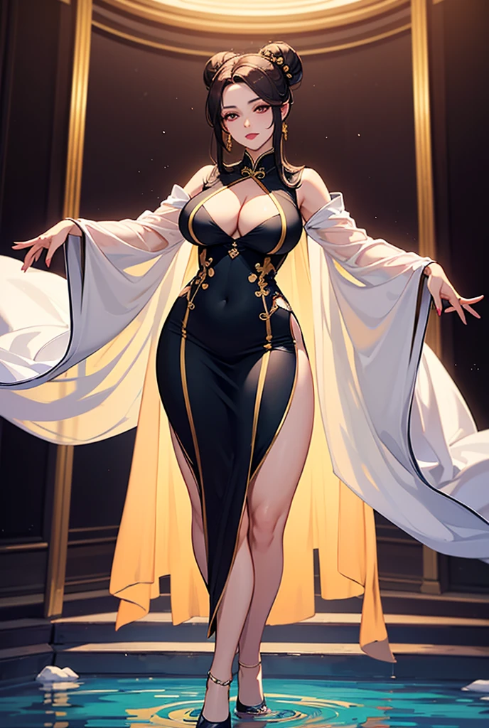 one woman, fox ears, fox tail, silver hair, green eyes, medium breasts, wide hips, full body, hair ornament, mommy, mature lady, well dressed,