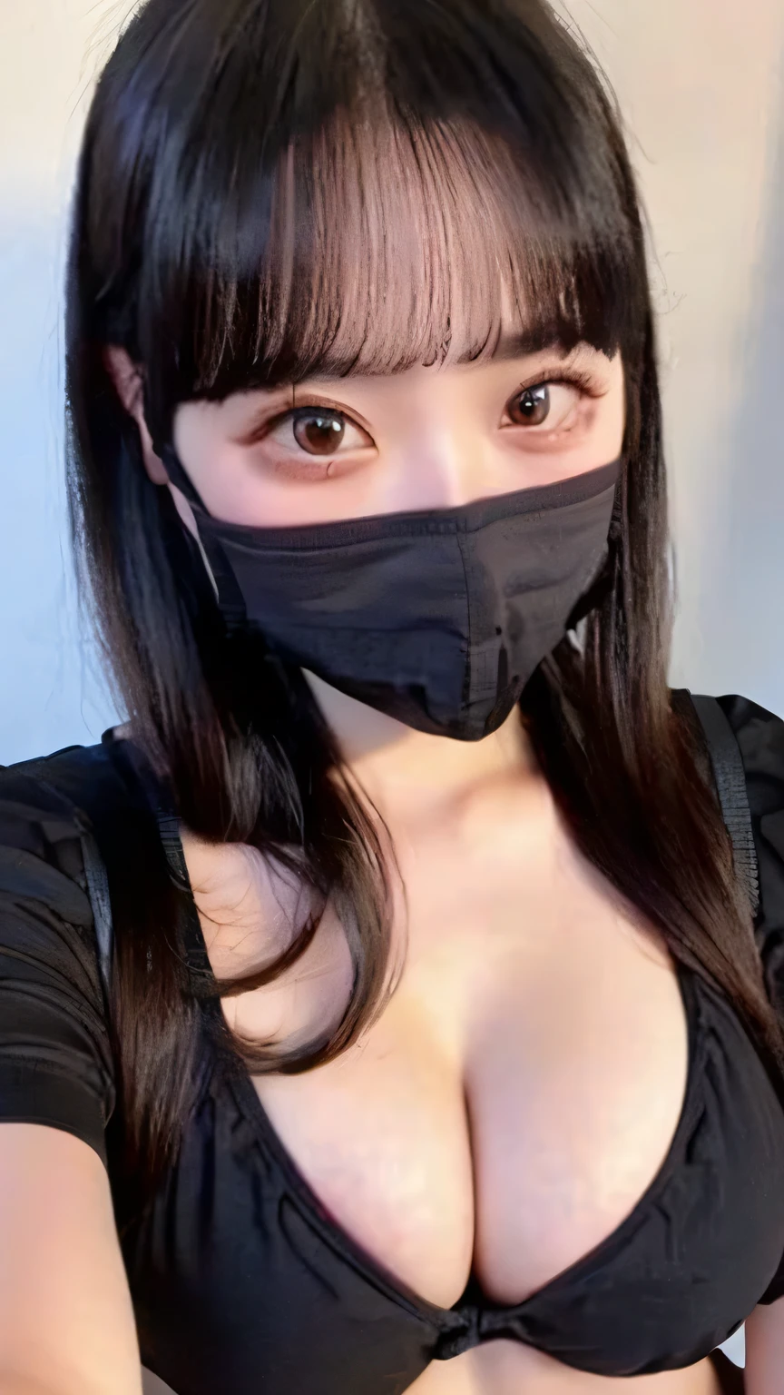 High Quality、masterpiece、high resolution、beautiful details, ((upper body:1))、breast focus , 1 japanese girl、((13yo)), ((high pink blush under eyes:1.1)), ((red eyeshadow upper and lower)), thin droop eyeliner、high level of detail、((big boobs:1.8))、(hyperrealism:1.4), ((wearing a black cloth mask:1.5)), ((black hair)), ((micro bikini:1.5))