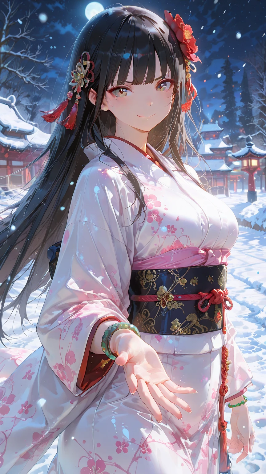 Sengoku period、Deep in the mountains of Japan、Shrine deep in the mountains、Snow Mountain、It's snowing、He has a Japanese sword in his left hand.、The thighs are 、There are four horses