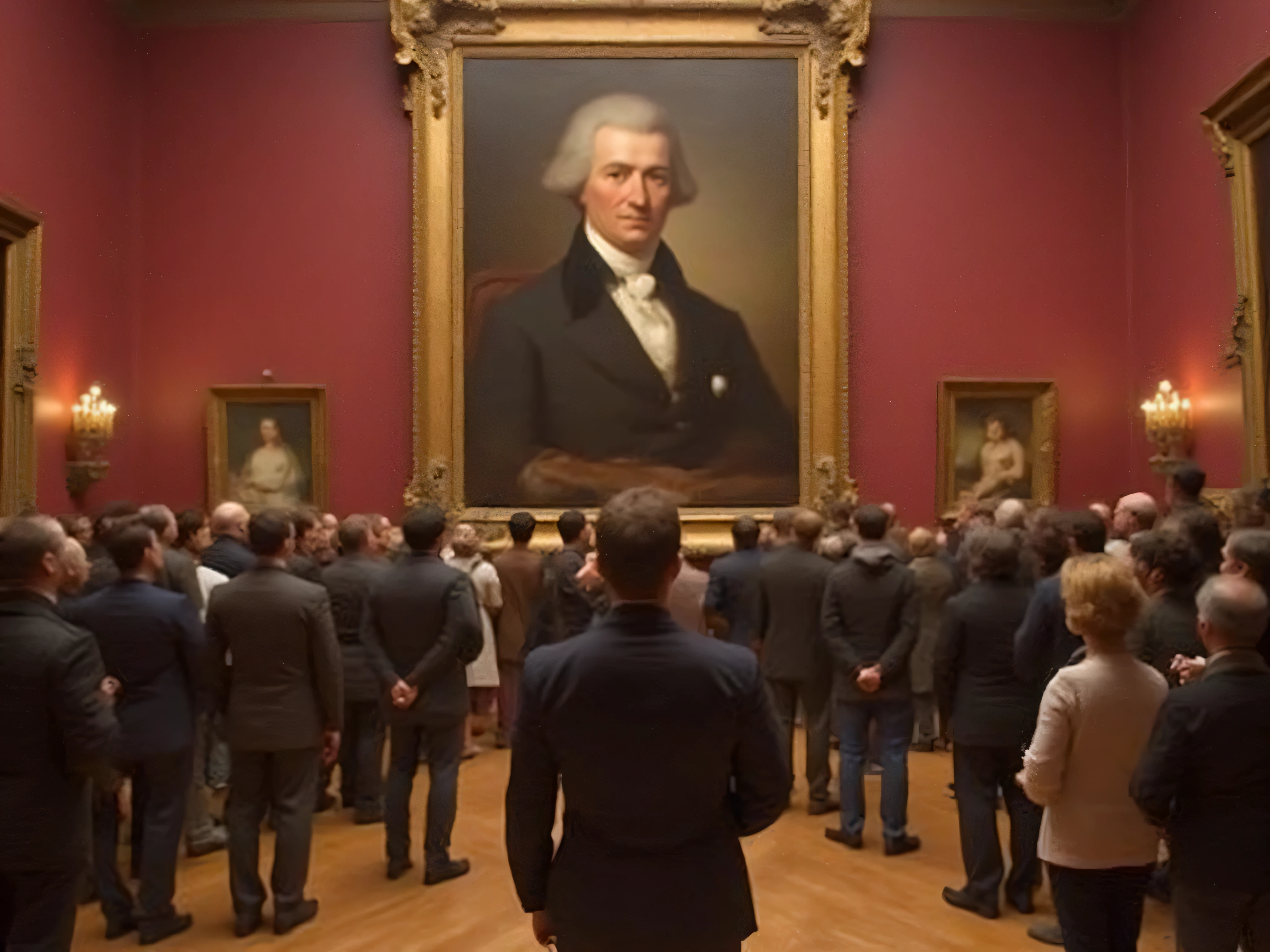 shot , a large group of various people are looking at a large painting. The painting is portrait orientation, in a 2:3 ratio. The painting is prominently placed, with other artwork at least fifteen feet away. It is brightly lit. It is in an elegant frame, befitting a national hero.