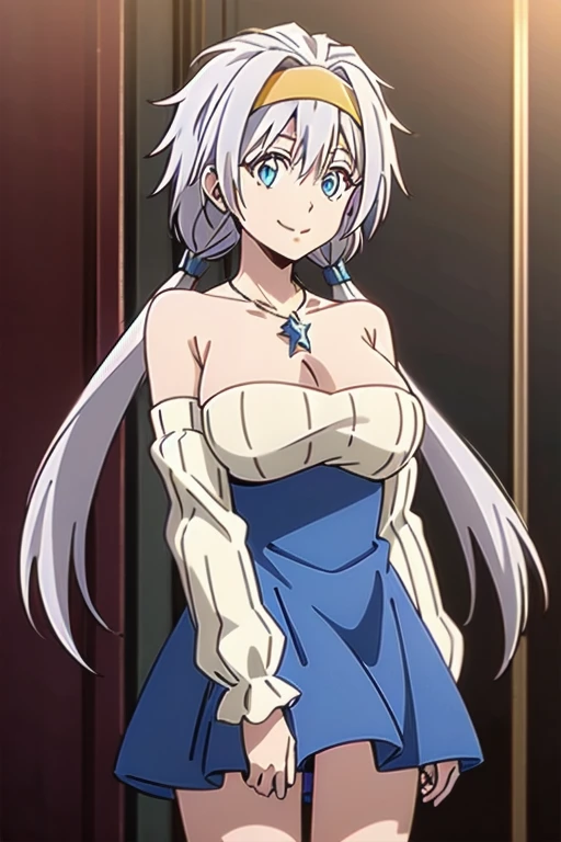 FAIRY TAIL ANGEL, LONG HAIR, BANGS, BLUE HAIR, HAIRBAND, BLUE HAIRBAND, AHOGE, THIGHHIGHS, GLOVES, DRESS, CLEAVAGE, ELBOW GLOVES, WHITE DRESS, 1girl, solo, facing viewer, (evil smile:1.3),Highly detailed CG Unity 8K wallpaper, perfect lighting,laugh at,evil smile,evil smirk,looking down at viewer,,smile bad,deep shaded face,too evil fall,dark world background,two hands,five fingers,two legs,thighhigh boots,