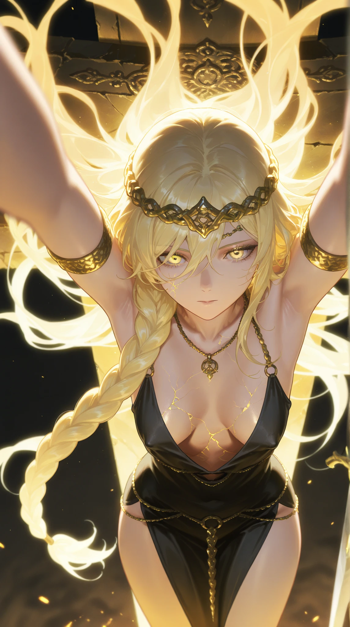 8k, anime, best quality, masterpiece, highly detailed, prism light, 1 girl, long golden hair, blue eyes, jewelry, gold, myth, greece