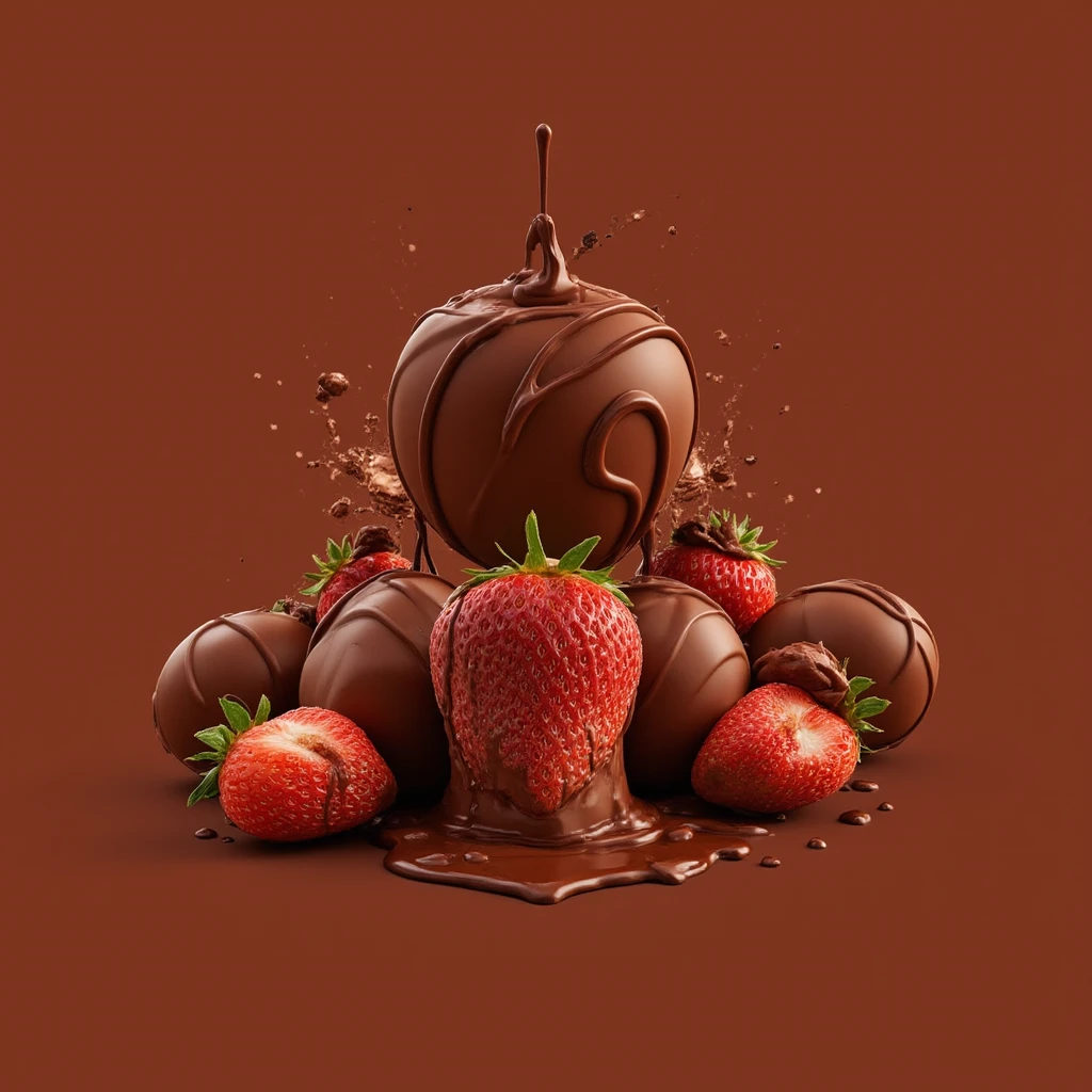 (explosion:0.6) of fruits and dark chocolate ice-cream, high detail, very realistic, bright environment, fruit explosion