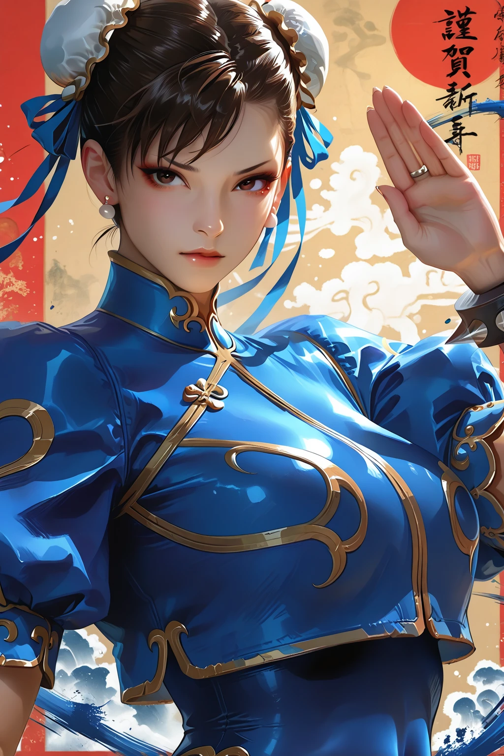 Chun-Li,blue chinese dress,perfect hands, perfect finger,perfect , masterpiece, best quality,realistic, hyperrealistic, 16k hdr,1girl, large breasts,fighting pose, outdoor,strong wind