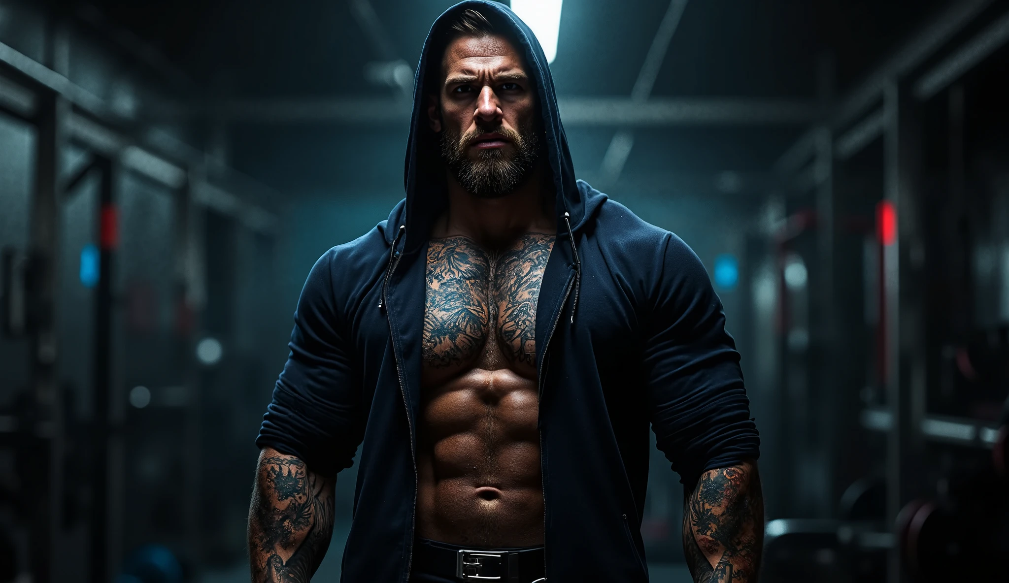 MAN 40 YEARS OLD WITH BEARD AND SHIRTLESS WEARING JEANS IN A DARK ALLEY