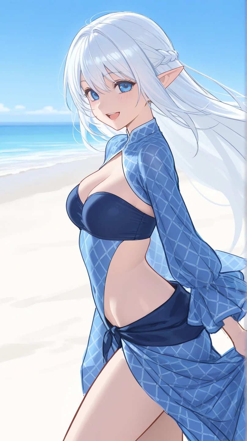 score_9,score_8_up, score_7_up, BREAK 2b, 1girl, solo, white hair,pale skin, mole under mouth, looking at viewer, short hair, mole on breast, hairband, collarbone, hair between eyes, black kimono, lips, black hairband, sky, outdoors, grey eyes, medium breasts,  breasts, thighs, floral print, japanese clothes, day, parted lips, palm tree, cleavage, no bra, long sleeves, sky,dawn, kimono, cowboy shot, robe, standing, cloud, tree, beach, no blindfold, thick lips, hand up, thigh gap, nose, wide sleeves, blue eyes, <lora:AromaCharsPony:1>