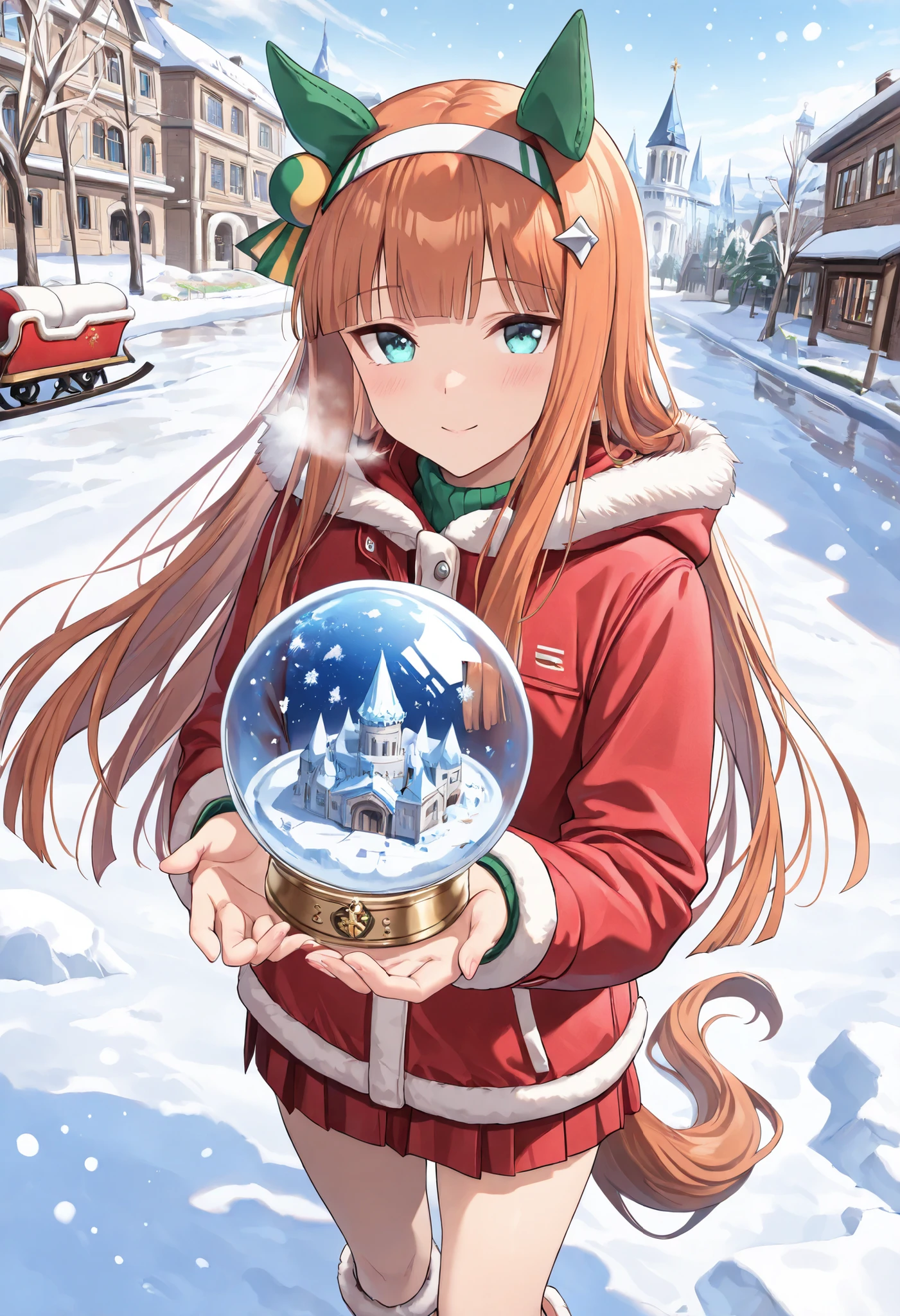 (masterpiece, best quality, perfect face:1.4), wide angle, silence suzuka \(umamusume\), 1girl, horse ears, ear cover, white headband, small breasts, horse tail, tail on the lower back, proportional body, proportional,1 girl, beautiful hair, beautiful face, beautiful detailed eyes, beautiful clavicle, beautiful body, beautiful chest, beautiful thigh, beautiful legs, beautiful fingers, looking at viewer, BREAK, the girl in a red coat picks up a snow globe on the snowy promenade、holding your breath。0 softly melts the surrounding light、of a reindeer sleigh crossing the sky with swaying auroras, The girl outside is surrounded by city illuminations, cold wind on your cheeks\, the fibers on the muffler stand finely, The composition is a center-focus portrait, The dome plays the leading role, The light of the dome is reflected in the girl's eyes, lighting is balanced with a cool rim light from the back and warm fill on the front, with the reflection of snow Out of, feeling of scale in a mini world due to refraction through glass, fine snow particles that keep falling, faint cracks running on the surface of the ice castle, like touching the miracle of Christmas, depicting the moment when reality and the microcosm overlap, BREAK, ecstatic expression, Ergonomically Correct Body, textured skin, realistic skin, HDR, BREAK, (perfect hands, perfect anatomy),