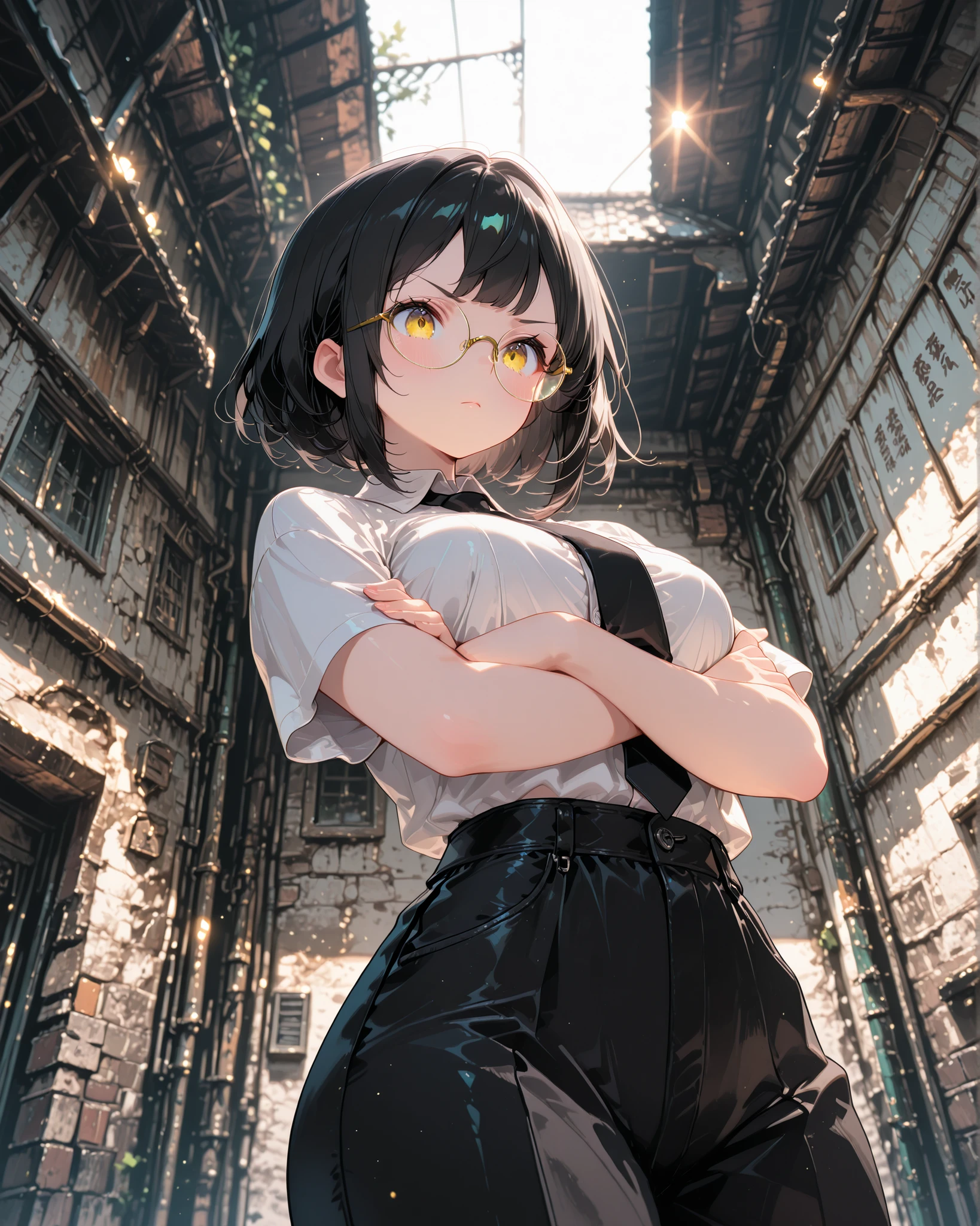 low angle, close-up, (masterpiece, 4K, ultra-detailed, vivid and vibrant colors), {Hanae}:(a beautiful and attractive woman with short black hair and yellow eyes, round glasses, wearing a white button-down shirt with short sleeves and a tie, black dress pants, with her arms crossed and a determined look), solo, a background like a well-lit retro video game