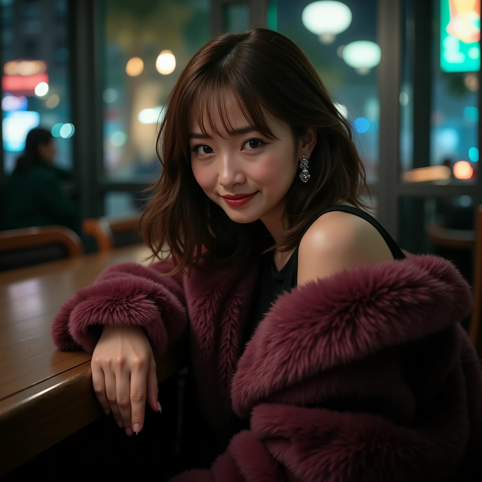 {realistic illustration style, high contrast, blur effects, overall dark, cool color scheme, featuring dark blue, dark green, and black}, {a scene in a night cafe bar, dimly lit, gorgeously decorated walls, luxurious atmosphere, night view from outside the window, in the urban downtown area}, {a middle-aged Japanese woman, sitting at a cafe bar counter, tilt her head lower, seductive gaze, with a shy smile, reaching out her hand at low height, toward the camera, fashion model-like looking, slender figure, short stature, dressed in fluffy and warm winter clothes, colored with dark pink and black, most of the skin is covered by clothing, wearing glittering silver earrings, shiny pale light brown hair, curled medium-length hair, alluring}, {close-up shot focuses on the woman's upper body, from the perspective of someone sitting next to the woman}, {ans also other women are sitting on either side of the woman, but they are out of focus and blurry}, I'll take the lead in love. Because I love you, I'll act boldly. Look into each other's eyes, hold each other's hands gently, and stay like this forever. Nothing will ever happen if we wait around. Instead of pretending to be strong, acting out, or playing tricks, let yourself be. Let's voice our true feelings of excitement. I don't care about the looks from others or what other people think. I can't hide my vague feelings. {dramatic}, {cinematic}, {cover art style}