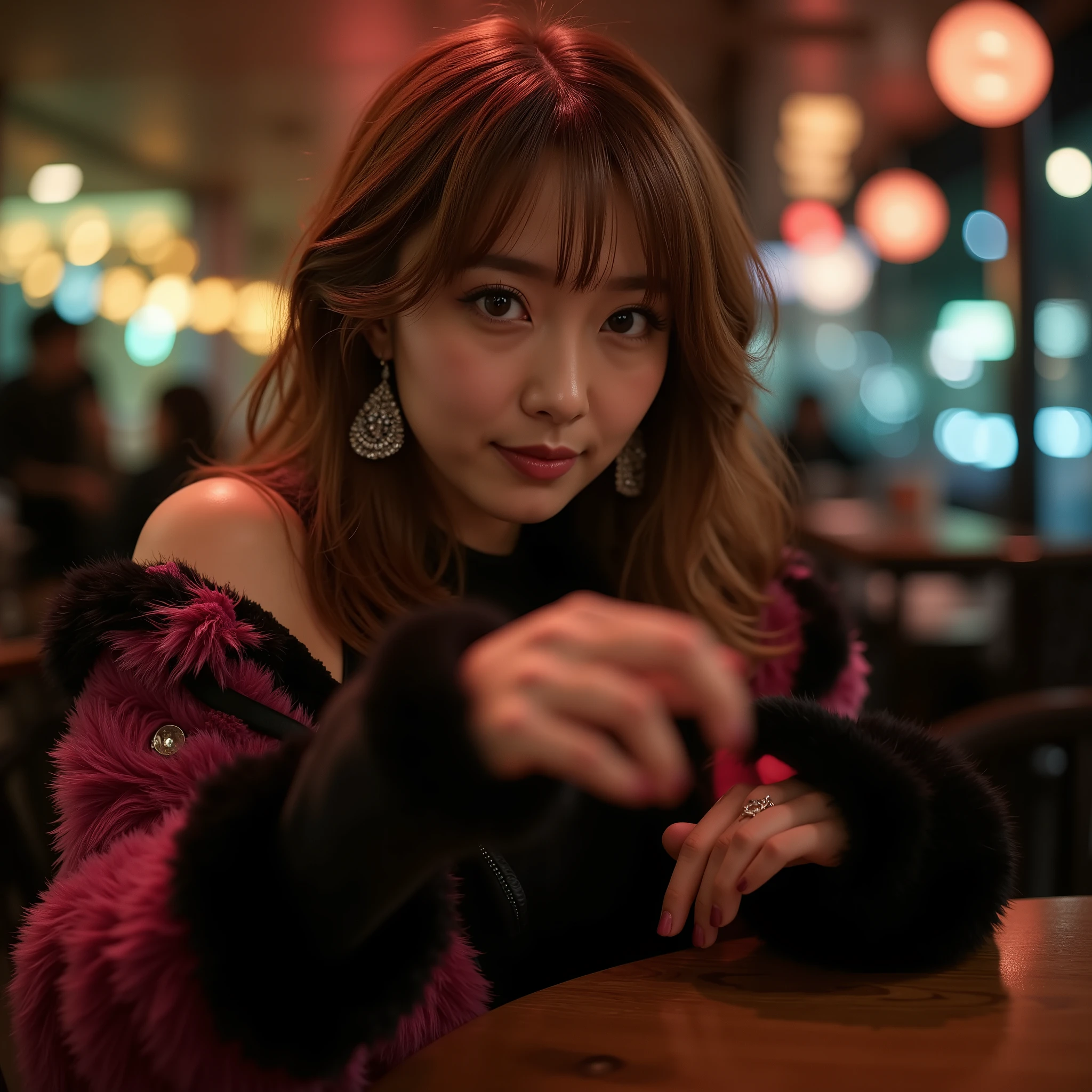 {realistic photo style, high contrast, blur effects, overall dark, warm color scheme, featuring dark red, dark green, and white}, {a scene in a night cafe bar, dimly lit, gorgeously decorated walls, luxurious atmosphere, night view from outside the window, in the urban downtown area}, {a middle-aged Japanese woman, sitting at a cafe bar counter, tilt her head lower, seductive gaze, with a shy smile, reaching out her hand at low height, toward the camera, fashion model-like looking, slender figure, short stature, dressed in fluffy and warm winter clothes, colored with dark pink and black, most of the skin is covered by clothing, wearing glittering silver earrings, shiny pale light brown hair, curled medium-length hair, alluring}, {close-up shot focuses on the woman's upper body, from the perspective of someone sitting next to the woman}, {ans also other women are sitting on either side of the woman, but they are out of focus and blurry}, I'll take the lead in love. Because I love you, I'll act boldly. Look into each other's eyes, hold each other's hands gently, and stay like this forever. Nothing will ever happen if we wait around. Instead of pretending to be strong, acting out, or playing tricks, let yourself be. Let's voice our true feelings of excitement. I don't care about the looks from others or what other people think. I can't hide my vague feelings. {dramatic}, {cinematic}, {cover art style}
