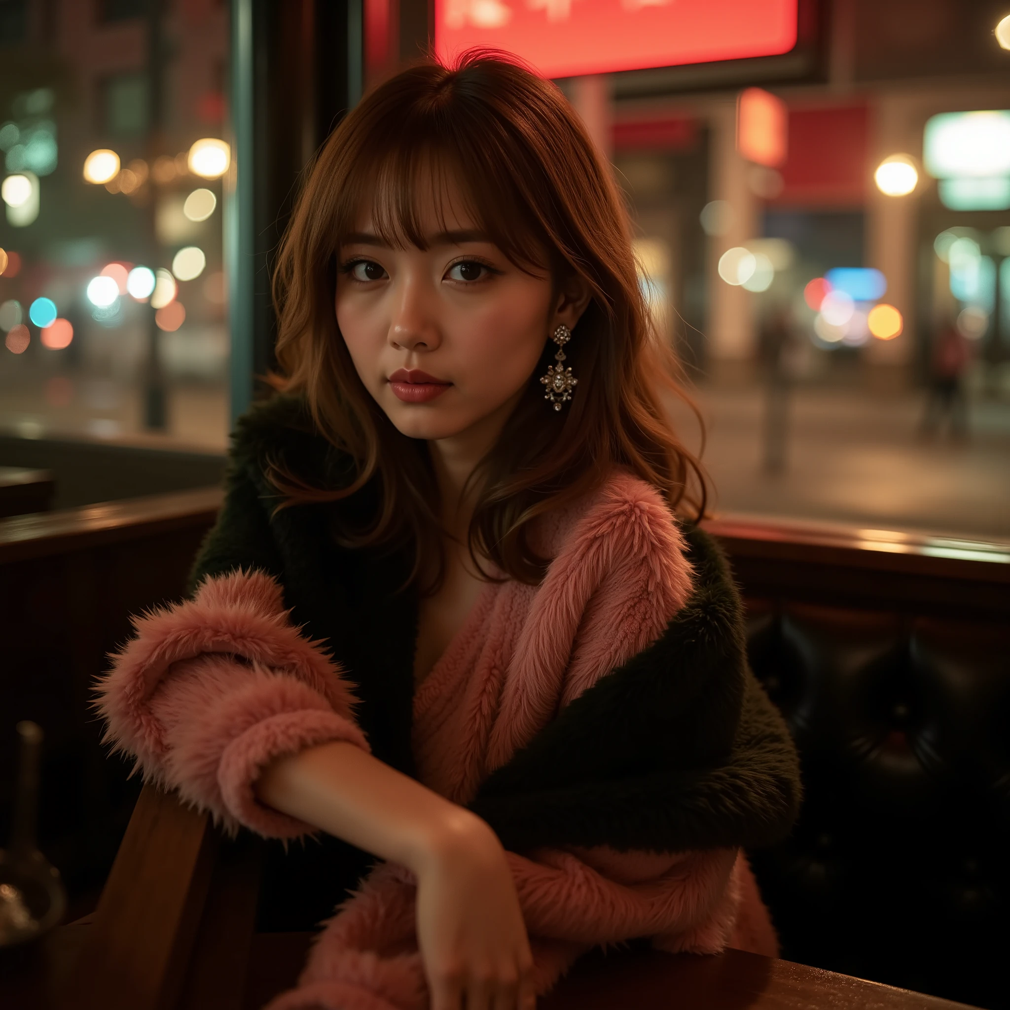 {realistic photo style, high contrast, blur effects, overall dark, warm color scheme, featuring dark red, dark green, and white}, {a scene in a night cafe bar, dimly lit, gorgeously decorated walls, luxurious atmosphere, night view from outside the window, in the urban downtown area}, {a middle-aged Japanese woman, sitting at a cafe bar counter, tilt her head lower, seductive gaze, reaching out her hand at low height, toward the camera, fashion model-like looking, slender figure, short stature, dressed in fluffy and warm winter clothes, colored with dark pink and black, most of the skin is covered by clothing, wearing glittering silver earrings, shiny pale light brown hair, curled medium-length hair, alluring}, {close-up shot focuses on the woman's upper body, from the perspective of someone sitting next to the woman}, I'll take the lead in love. Because I love you, I'll act boldly. Look into each other's eyes, hold each other's hands gently, and stay like this forever. Nothing will ever happen if we wait around. Instead of pretending to be strong, acting out, or playing tricks, let yourself be. Let's voice our true feelings of excitement. I don't care about the looks from others or what other people think. I can't hide my vague feelings. {dramatic}, {cinematic}, {cover art style}