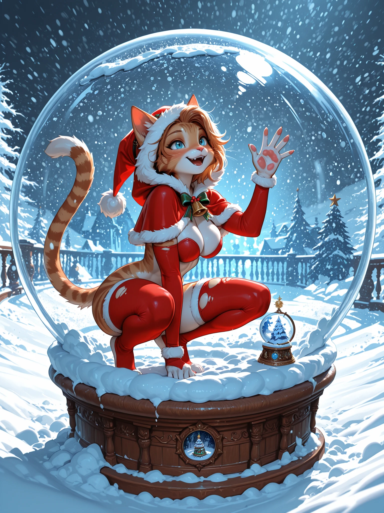 NSFW masterpiece, furry, sexy naked girl in torn Santa costume, cat ears and tail, crouched beside oversized snow globe on snowy balcony, world inside globe shows mysterious character waving, dramatic backlighting, snowstorm in background, whimsical holiday fantasy, highly decorated scene