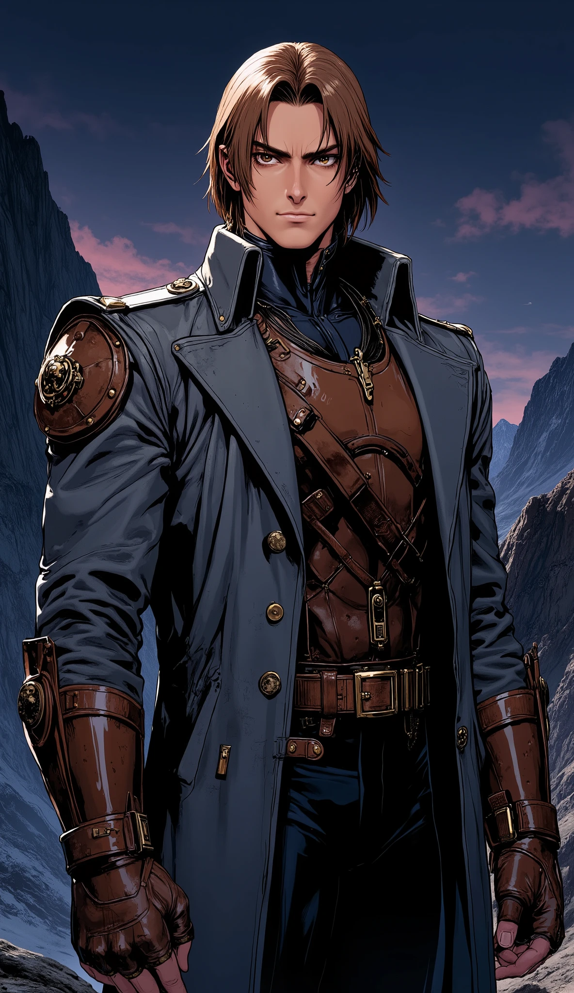 A masterpiece, top-tier mature anime illustration featuring a handsome male adventurer with smooth, medium-length chestnut brown hair, his side-parted bangs casting soft shadows over his brow. His face is sculpted with a sharp, resolute jawline and fair skin, his deep, focused eyes and thick, slightly furrowed brows conveying a blend of melancholy and determination. He possesses a lean, fit physique with perfect anatomy. He is dressed in a fantasy-punk ensemble: a thick grey stand-collar trench coat with a wide open collar, adorned with heavy zippers and metal buckles, revealing a leather breastplate and a black high-collar tight combat bodysuit underneath. He wears worn, black streamlined reinforced leather pauldrons and matching industrial-punk leather gauntlets covering his forearms and the backs of his hands. Gray tactical trousers and a black belt complete the look. He stands naturally in a desolate wilderness mountain landscape under the cover of night. Cinematic night lighting and distinct rim lighting accentuate the contours of his hair and shoulders, separating him from the dark background. The image features anatomically correct hands with five distinct fingers, 8k resolution, intricate textures, and a moody, atmospheric composition.