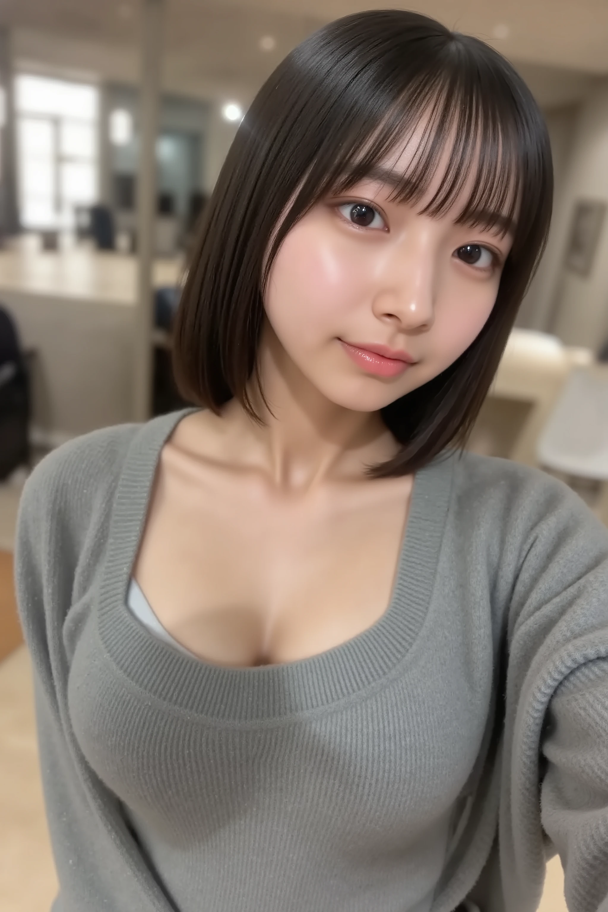 This photo captures a beautiful Japanese woman. off shoulder Sweater, ((bare shoulder)), close up, skinny, ((big cleavage)). The image is very high resolution, with clear skin texture. The focus is very sharp and focused on her face. This is an ultra-high resolution image. She is facing forward. Natural makeup that looks like no makeup. She has shiny black hair. Her skin is beautiful, fair, fine-grained, and even. hotel, morning, 
