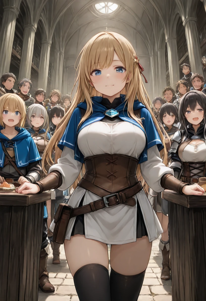A group of  female medieval fantasy adventurers, (in tavern), various hair styles, harem, night, details face, short skirt, seducing, sleeveless, armor 