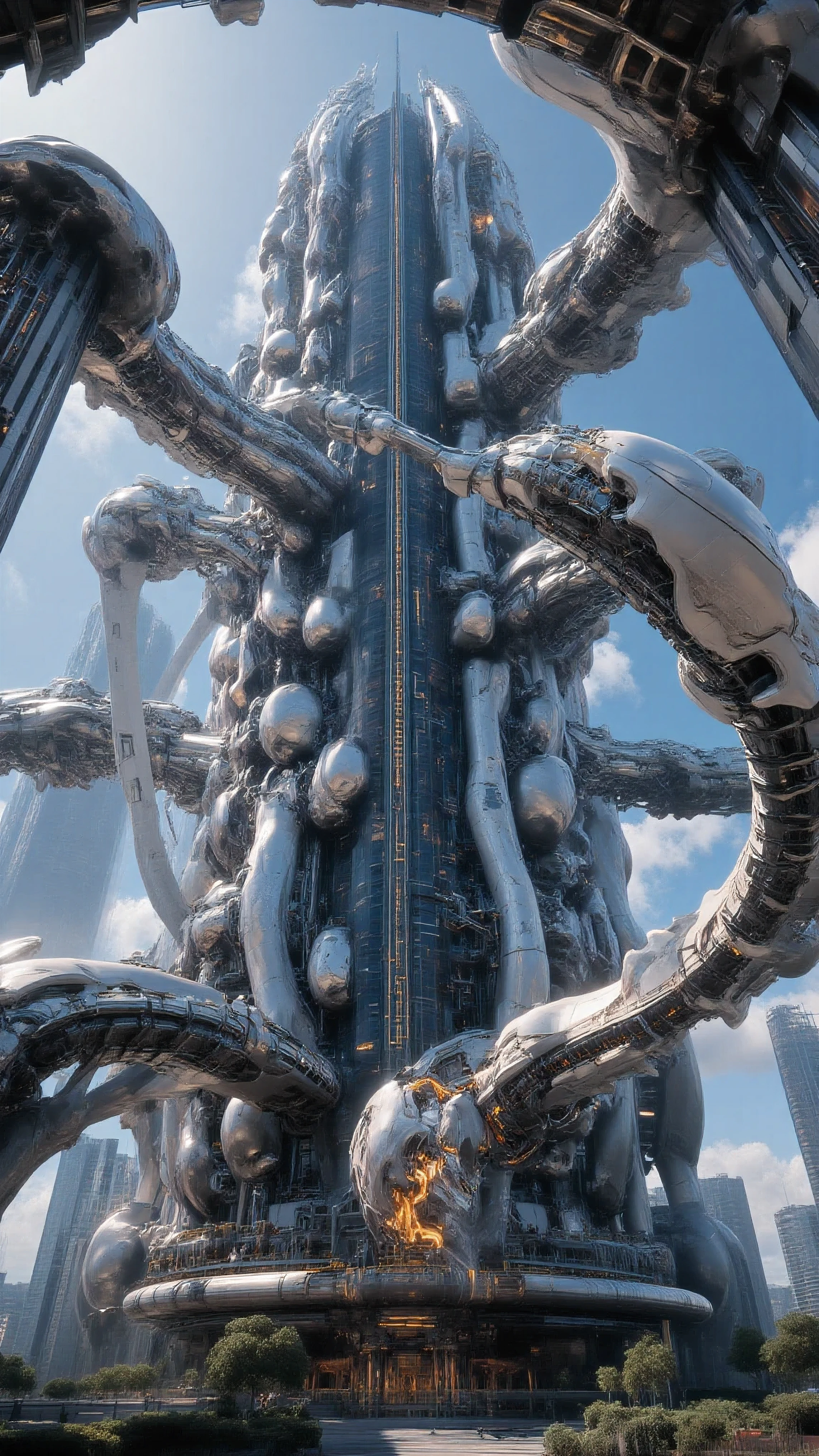 Artchitecture,YFG-Rounded, Ultra-realistic, photo-realistic, ultra-detailed, physically-based rendering, 3D rendered realism, best quality, hyperrealistic, an aesthetically startling looking building, 200 stories tall, over 2,000 feet tall, very large bubbled out spherical sections that get larger the higher up you go, seperated by narrow hexagonal central shafts, very strange architecture, at the very top is a roller coaster that is mostly hanging upside down, broken up by triple 360° loops, moving at 125 miles an hour at its top speed,  a skyscraper that does not make sense, birds eye view of an unusually strange structured building, perspective from above and below, multiple views, vertigo inducing, optically unreal and refusing to adhere to the programs installed within the style, iconic and ironic, icon style gone out of style then back again, illogical engineering at it's most complicated and surreal, insettling, disquieting and unnerving, otherworldly sense of wonder,  a masterpiece.