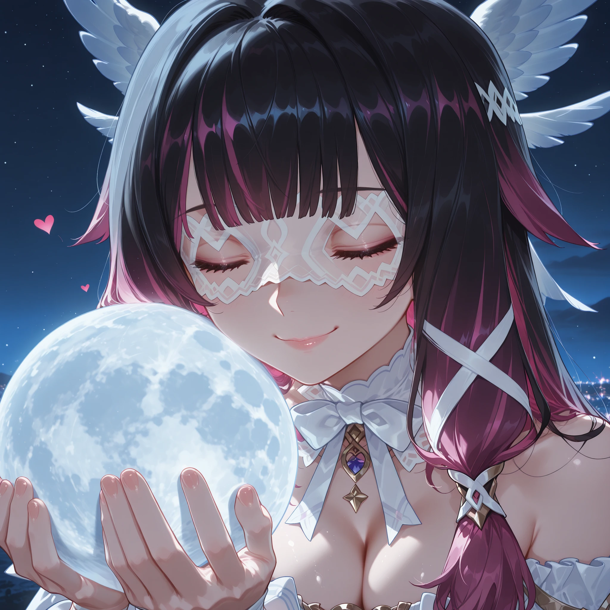 (masterpiece, best quality, incredible quality, very aesthetic, high resolution, ultra detailed, absurd, latest, scenery, cute), rating_9, rating_8_or_above, rating_7_or_above, rating_6_or_above, anime_font, sharpness_LASCALAE, ultra sharp focus, tools, more_details_x l, details:1.5, ((Columbina \(genshin impact\),closed eyes,eye mask,x hair ornament,wing hair ornament,head wings,hair ribbon,white ribbon,,white dress,wide sleeves,long sleeves,white ribbon,wrist ribbon,detached collar,white collar,white bowtie,off-shoulder dress,layered dress,detached sleeves,ankle ribbon,/(Genshin Impact/)), (Perfect Body Structure), ((Detailed Eyes:1.4, Charming Detailed Eyes:1.4, HD Eyes)), (Oval Face), (Highly Detailed Face), (Shaded Face), (Symmetrical Body and Face), (Abdomen 2.6), (Small Breasts), (Perfect Nipples), (Heart-Shaped Butt), (Thick Thighs), (Large Butt), (Cleavage), (ExpressHGothicNeonIncase), (ExpressAmetur), (Standing, smiling at the viewer, holding a moon, frontal view), (ExpressAmetur), BREAK.((night)), (Situation, Magnificent, Art: 1.3), (Realistic Details), (Photorealistic), ((Illustrations, Artgerm)), (Serious, Sense of Reality: 1.4), (Perfect Lighting, Lenses, Artgerm Extremely Detailed), (Illustration: 1.4), (Masterpiece: 1.4), (Best Quality: 1.4), (High Definition), (Incredible Lighting) (Best Quality, Absurd, Incredible Quality), (3 Renderings), (More Details, Enhancement), (Aperture: f/2.0), (Depth of View: Medium), (Angle: 3/4), (Lens: 24mm Wide Angle), (Close-up: 1.4), (Custom Interior, Modern and Sophisticated Design, UHD), High-Quality Detailed Art in 8K