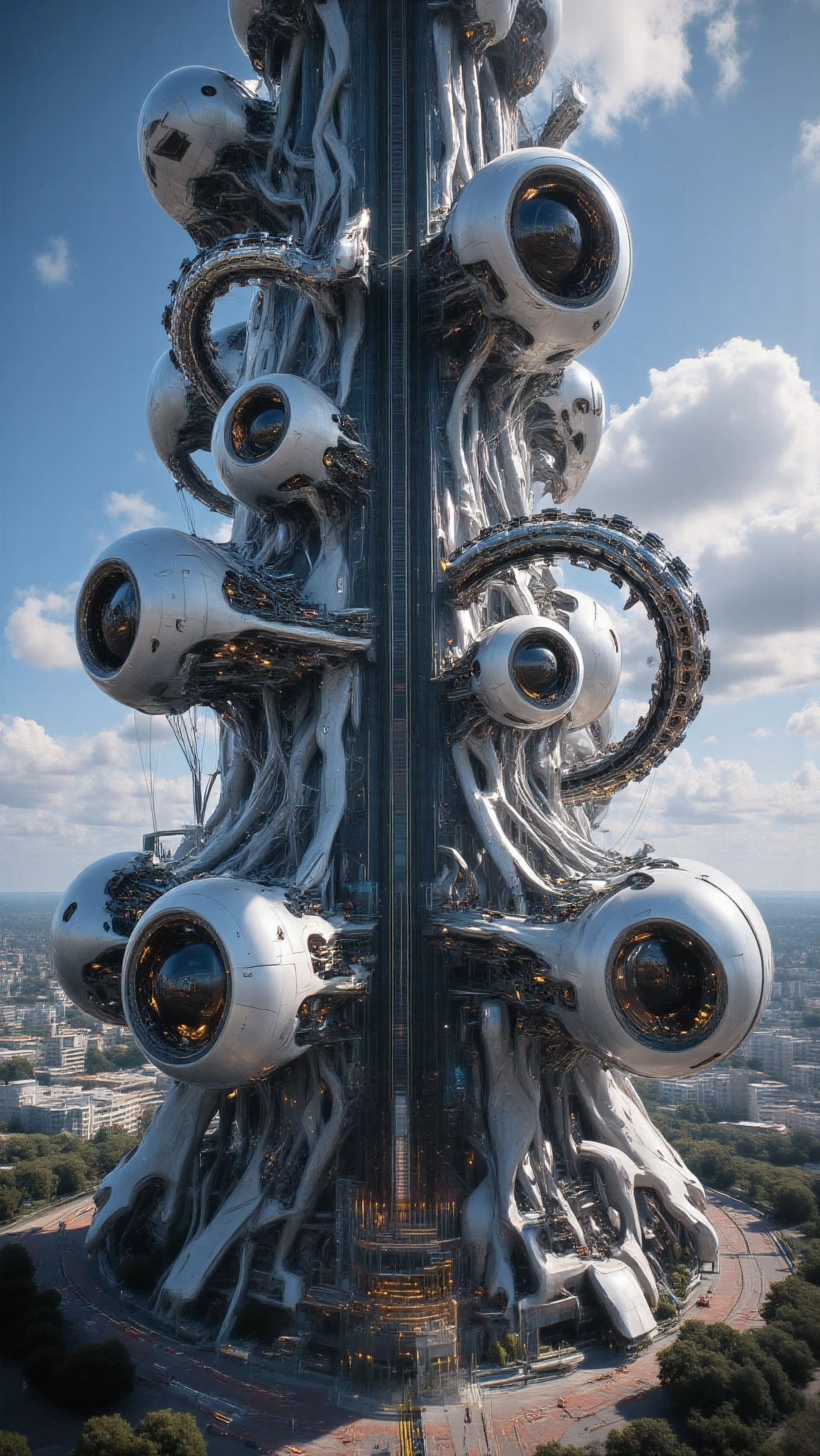 Artchitecture,YFG-Rounded,Ultra-realistic, photo-realistic, ultra-detailed, physically-based rendering, 3D rendered realism, best quality, hyperrealistic, an aesthetically startling looking building, 200 stories tall, over 2,000 feet tall,very large bubbled out spherical sections that get larger the higher up you go, seperated by narrow hexagonal central shafts, very strange architecture, at the very top a roller coaster that is mostly hanging upside down, broken up by triple 360° loops, moving at 125 miles an hour at its top speed, a skyscraper that does not make sense, birds eye view of an unusually strange structured building, perspective from above and below, multiple views, vertigo inducing, optically unreal and refusing to adhere to the programs installed within the style, iconic and ironic, icon style gone out of style then back again, illogical engineering at it's most complicated and surreal, disquieting and unnerving, otherworldly sense of wonder, a masterpiece.