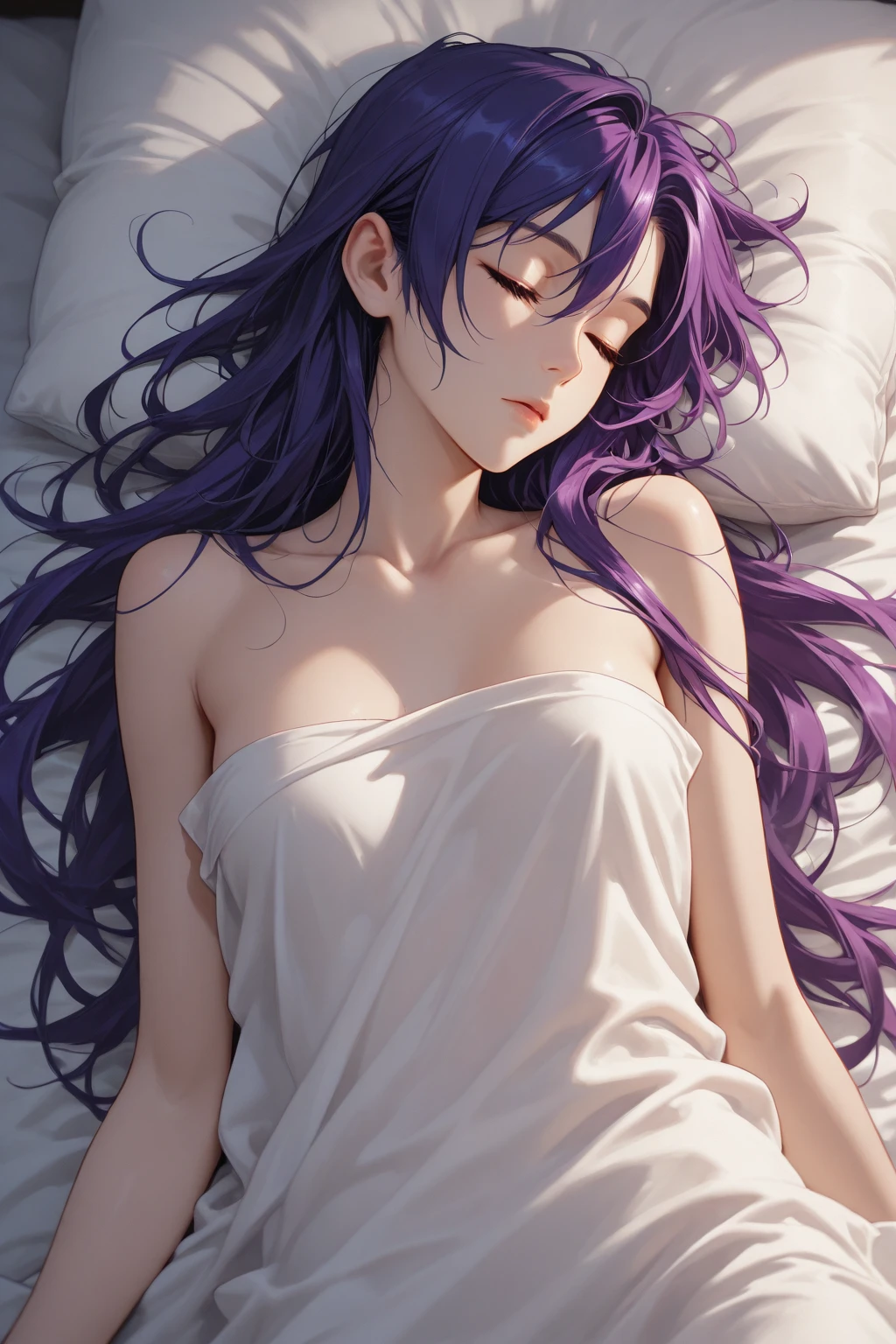  girl with long purple hair on bed,  soft fluffy body