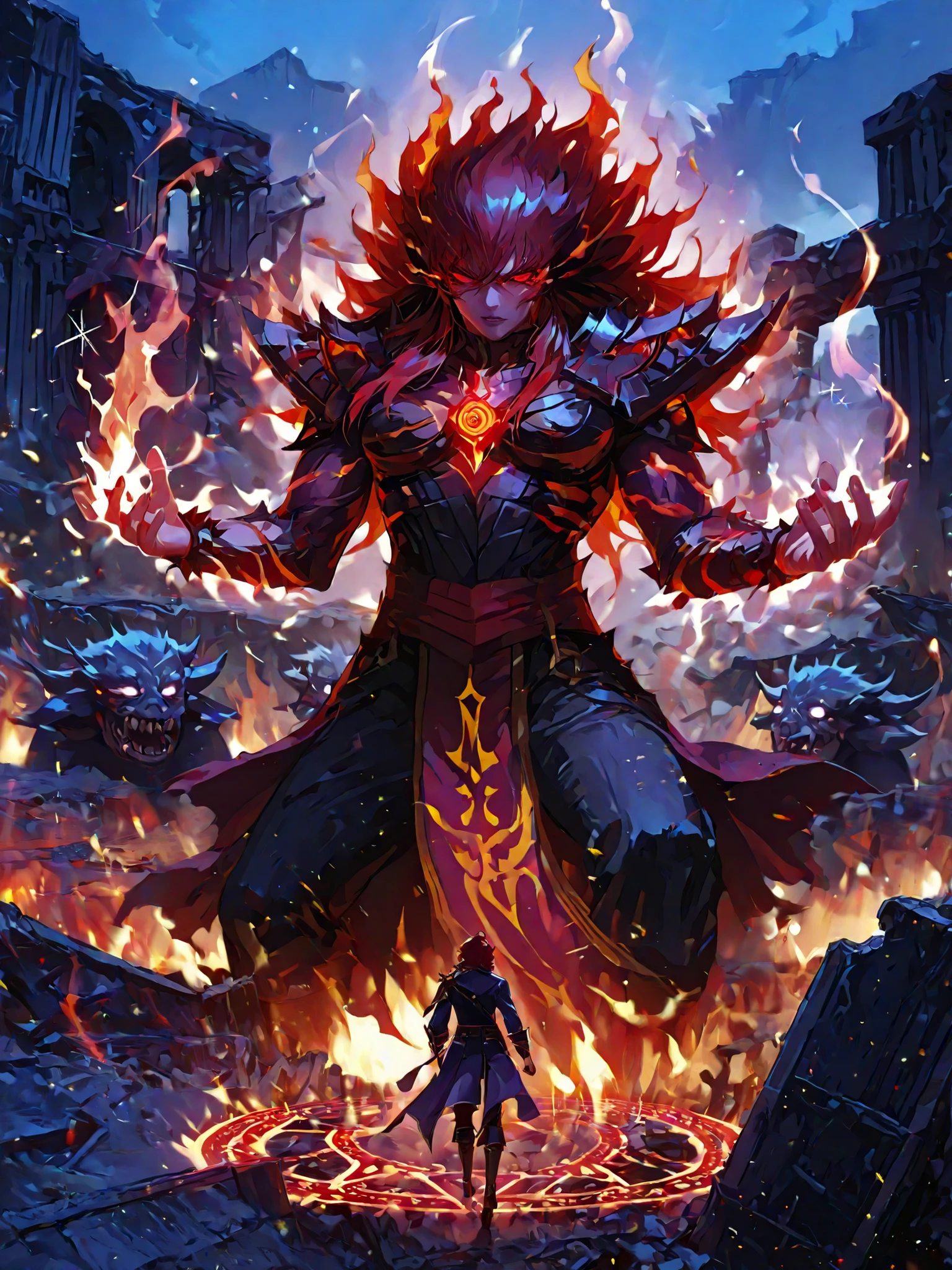 Many monsters, orde of monsters, (magic_circle:1.1),(flames / fire effect:1.1),(sparkles / particles:1.1),(aura / energy aura:1.1),chiaroscuro, painterly lighting, digital painting,ultra-detailed, high detail, best quality, masterpiece, sharp focus, detailed shadows, vivid colors,masterpiece, best quality, 1girl, demoniac-warrior, backview, (dynamic pose:1.3), (fierce expression:1.2), wery long long long  wavy darkred hair, (glowing-fire red eyes:1.1), dark magic energy warrior genshin impact clothes, (magic energy aura:1.2), (ancient ruins:1.1), ((monster horde:1.2)), (dramatic lighting:1.3), (rich contrast:1.2), (night scene:1.1), (epic battle:1.4), detailed background, (cinematic angle:1.1)
