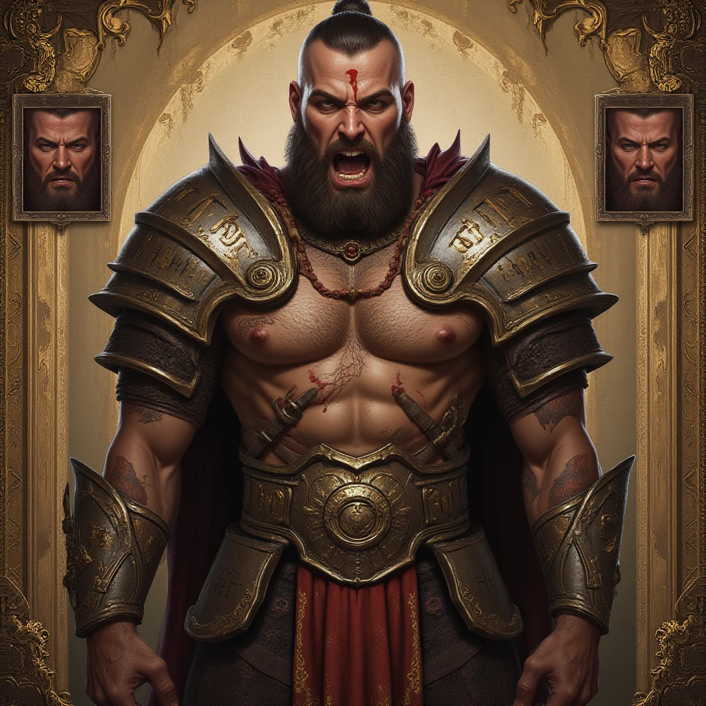 Thick Gold Cross on a necklace. 50 years old, greying hair. An arcane mage swirls purple, glowing, arcane energy around himself. He is an absolute muscle monster, with impossibly broad, well toned shoulders and a V shaped body with narrow waist. His shoulders are three times wider than his waist. -chested, he is hairy chested, balding, with stubble
