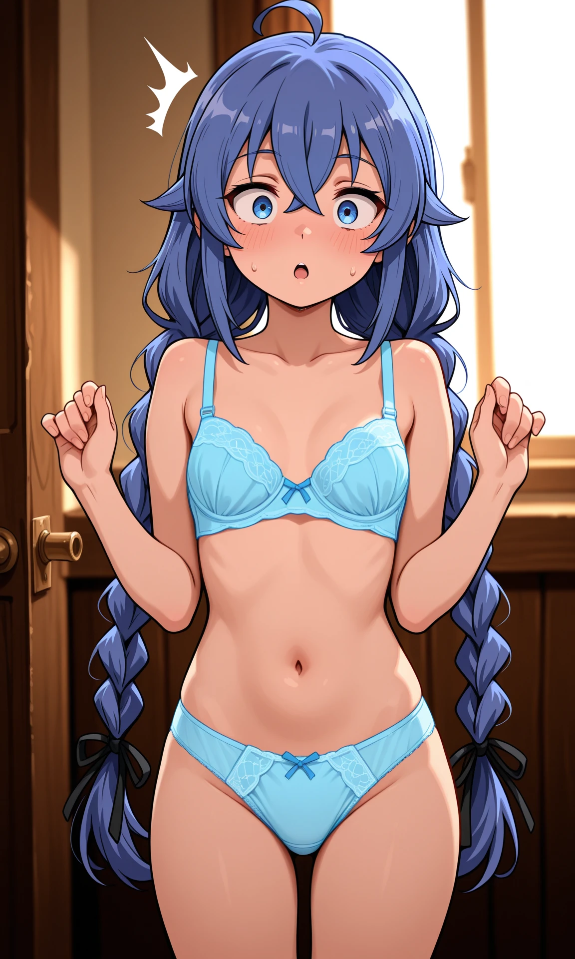 score_9, score_8_up, score_7_up, score_6_up, source anime, BREAK 
<lora:roxy_migurdia:1>yxorpnxl, roxy migurdia, 1girl, solo, underwear, panties, long hair, navel, white panties, one eye closed, white shirt, ahoge, small breasts, long sleeves, closed mouth, black ribbon, hair between eyes, ribbon, off shoulder, blush, collarbone, thigh gap, ass visible through thighs, hair ribbon, bow panties, no bra, looking at viewer, thighs, cowboy shot, very long hair, single bare shoulder, stomach, convenient censoring,