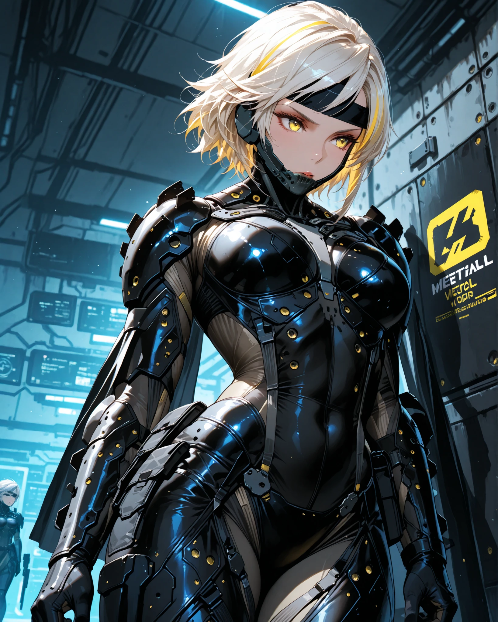 Front angle, (masterpiece, 4K, ultra-detailed, vivid and vibrant colors), {A}: (a beautiful and attractive woman with short white hair with blonde streaks and completely yellow eyes, wearing a tight-fitting stealth tactical suit with futuristic military aesthetics and a black headband inspired by the Metal Gear game), solo, a magical background, like a well-lit retro video game with shadows.