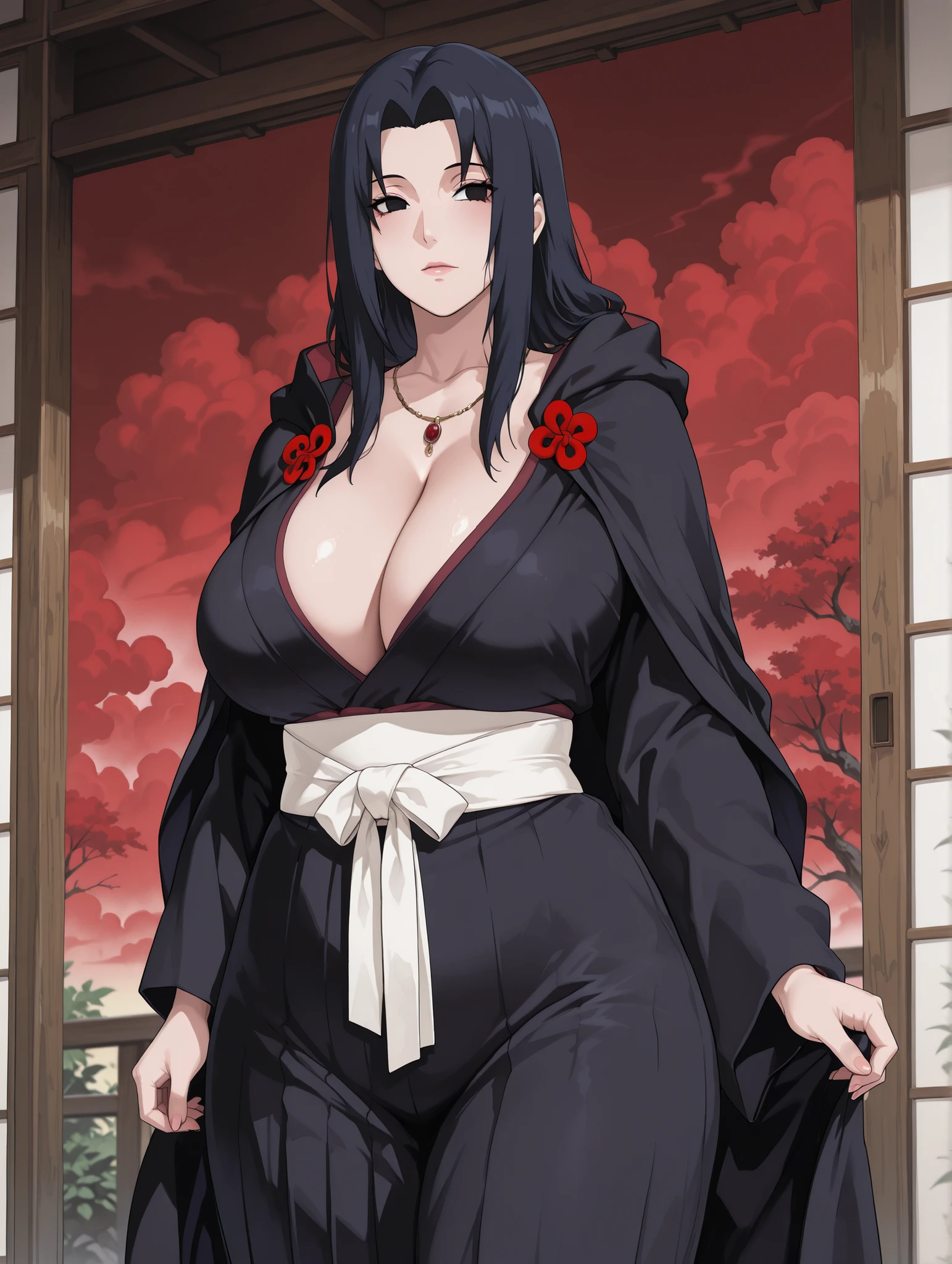 uchiha_mikoto, mature female, black eyes, black hair, parted bangs, sidelocks, long hair, thick thighs, wide hips, big breasts. Akatsuki cloak, long cloak, black cloak, decorated with red clouds with white edges, long sleeves, cleavage, jewelry, japanese clothes, kimono, necklace, black kimono, hakama, black hakama, sash, white sash,,
