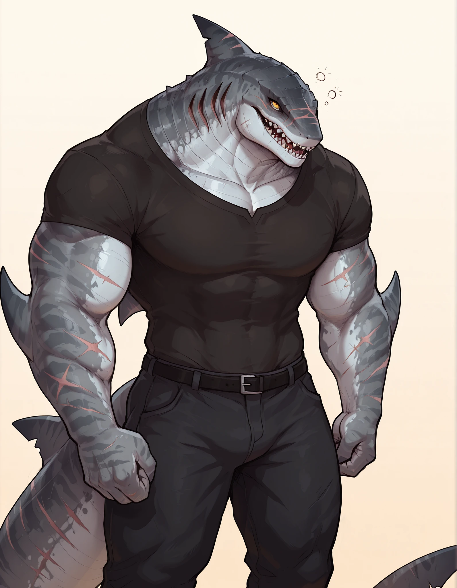 masterpiece, best quality, amazing quality, very aesthetic, absurdres, newest, scenery, extreme detail, 8k, dnd cahracter, anthro shark, detailed eyes, yellow eyes, anthro, shark, male, scalie, anthro shark, anthro megalodon, bulky, strong hands with fins, black back, solo, detailed skin, scars, lizard shark hybrid, thick tail, hunter, strong, scalie torso, detailed muscles, wearing armless black shirt, digitigrade legs, one dorsal fin, proporcional body, wide , trapezoid body type, marked jaws, thick shark tail, masculine, thick scales on arms and legs, trapezoid body type, wearing pants, marked jaw, scars, pensive, tired, upper body focus, simple gradient background