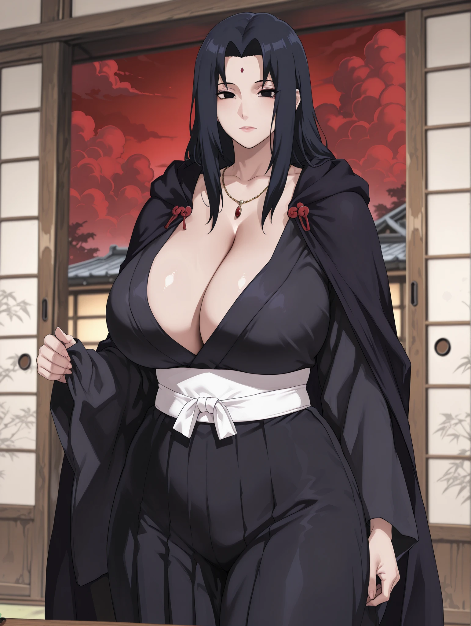 uchiha_mikoto, mature female, black eyes, black hair, parted bangs, sidelocks, long hair, thick thighs, wide hips, big breasts. Akatsuki cloak, long cloak, black cloak, decorated with red clouds with white edges, long sleeves, cleavage, jewelry, japanese clothes, kimono, necklace, black kimono, hakama, black hakama, sash, white sash,