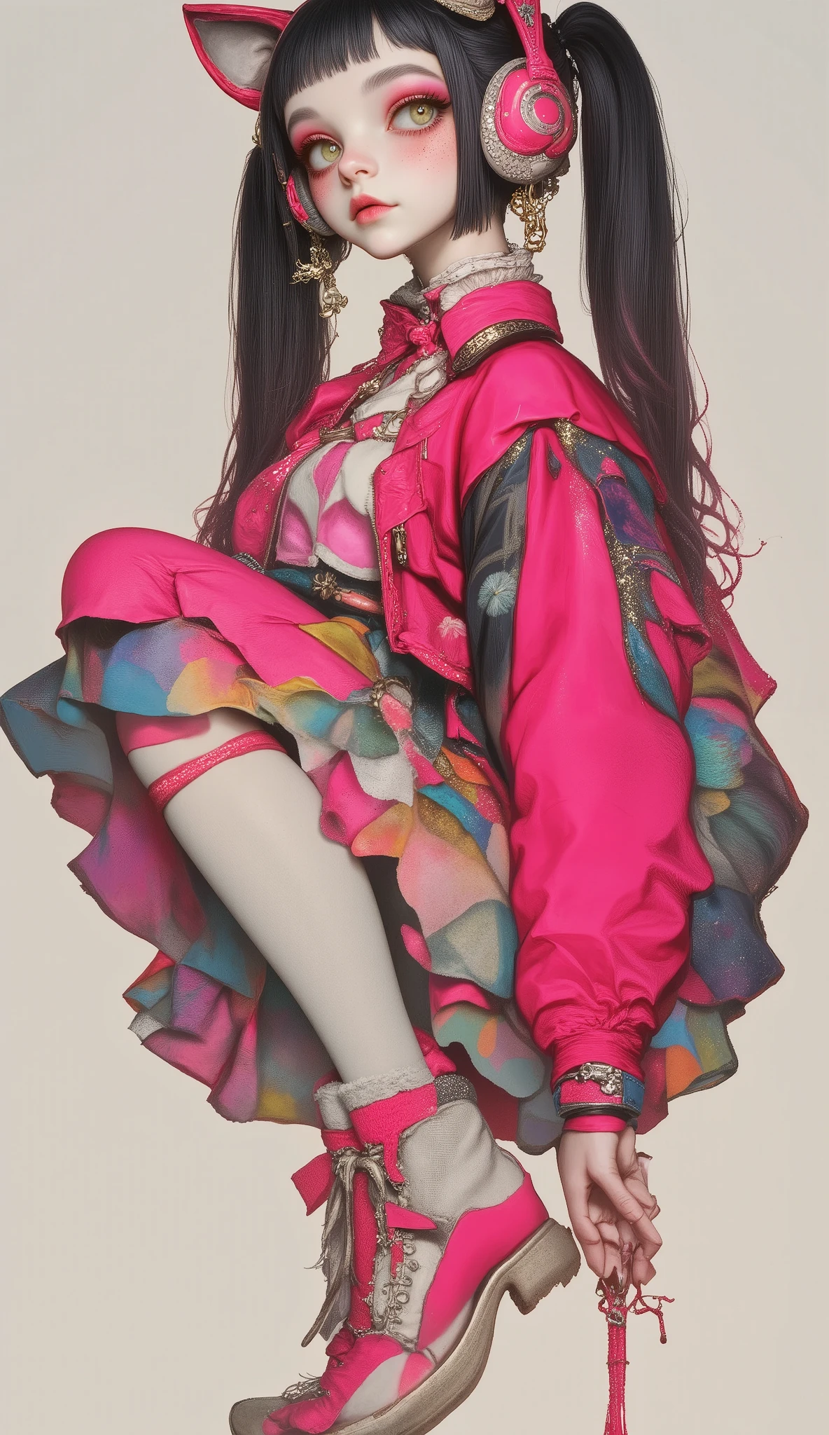 centered image:1.5, anime style ,  she is half profile  , ((General shot of a naked woman  . An elegant and delicate cartoon that slightly exaggerates hyperrealistic features :1.4, A woman wearing an Alicia  , wears a tight pink body and a short pink jacket with long sleeves and two-tone gloves,  cosplay costume and white socks and white cosplay shoes  , She has long hair with two pink pigtails with animal ear headphones s, realistic digital art 4k , realistic digital art 4k , tattoo style, Art Cyberpunk style, Girl with glasses , claroscuro, cinematic lighting, Optical illusion, HD, UHD,  retina, masterpiece, Precise, anatomically correct, Textured skin, super detail, Tall details, High quality, awarded , mejor calidad, high resolution, 1080P, HD,