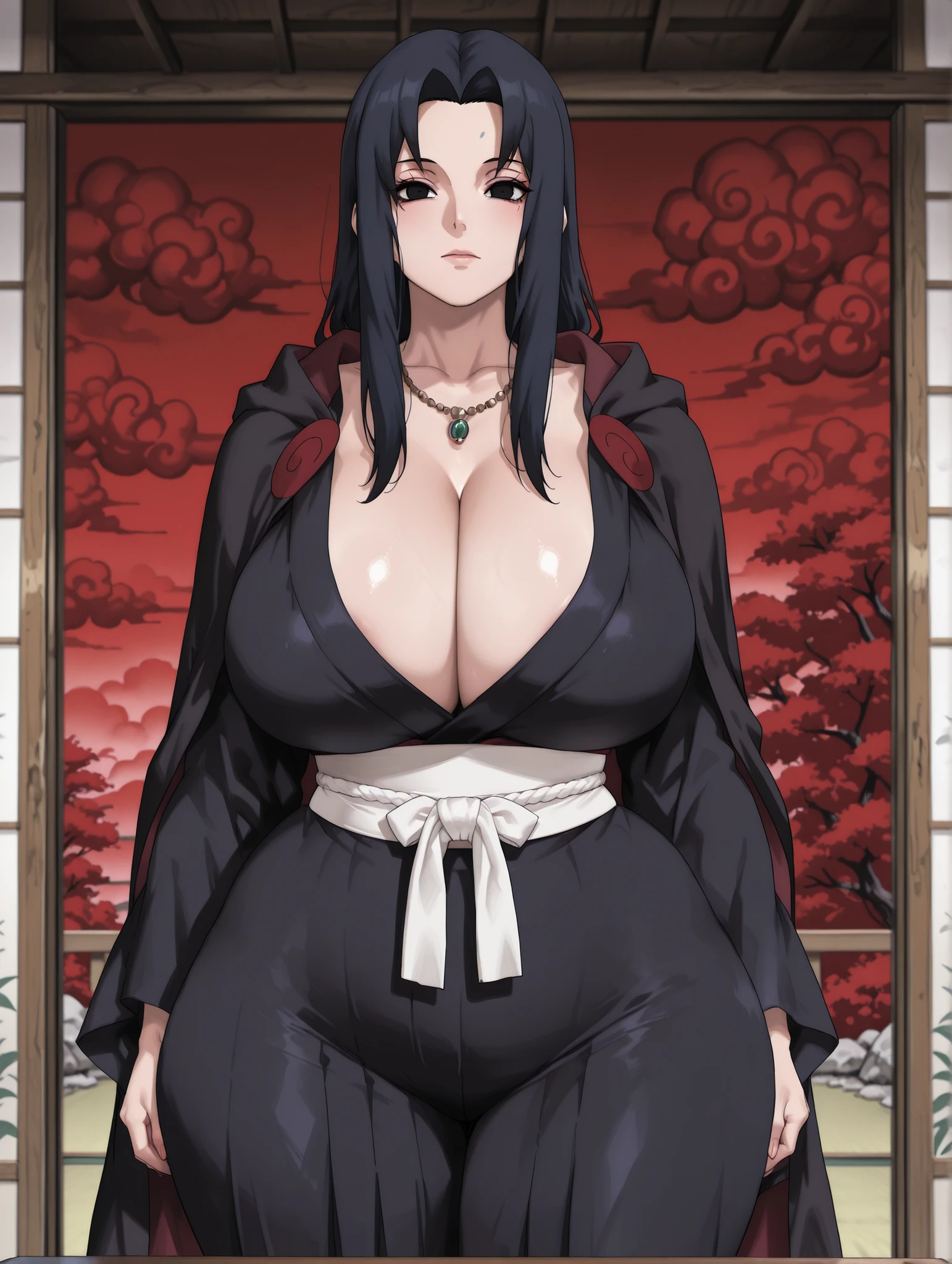 uchiha_mikoto, mature female, black eyes, black hair, parted bangs, sidelocks, long hair, thick thighs, wide hips, big breasts. Akatsuki cloak, long cloak, black cloak, decorated with red clouds with white edges, long sleeves, cleavage, jewelry, japanese clothes, kimono, necklace, black kimono, hakama, black hakama, sash, white sash,