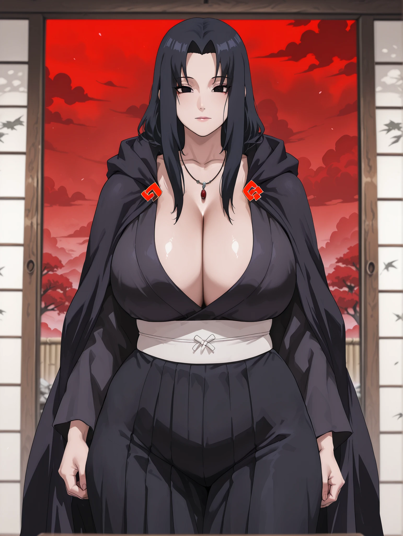 S2Z0n1c21.5XL style,uchiha_mikoto, mature female, black eyes, black hair, parted bangs, sidelocks, long hair, thick thighs, wide hips, large breasts. Akatsuki cloak, long cloak, black cloak, decorated with red clouds with white edges, long sleeves, cleavage, jewelry, japanese clothes, kimono, necklace, black kimono, hakama, black hakama, sash, white sash, 
