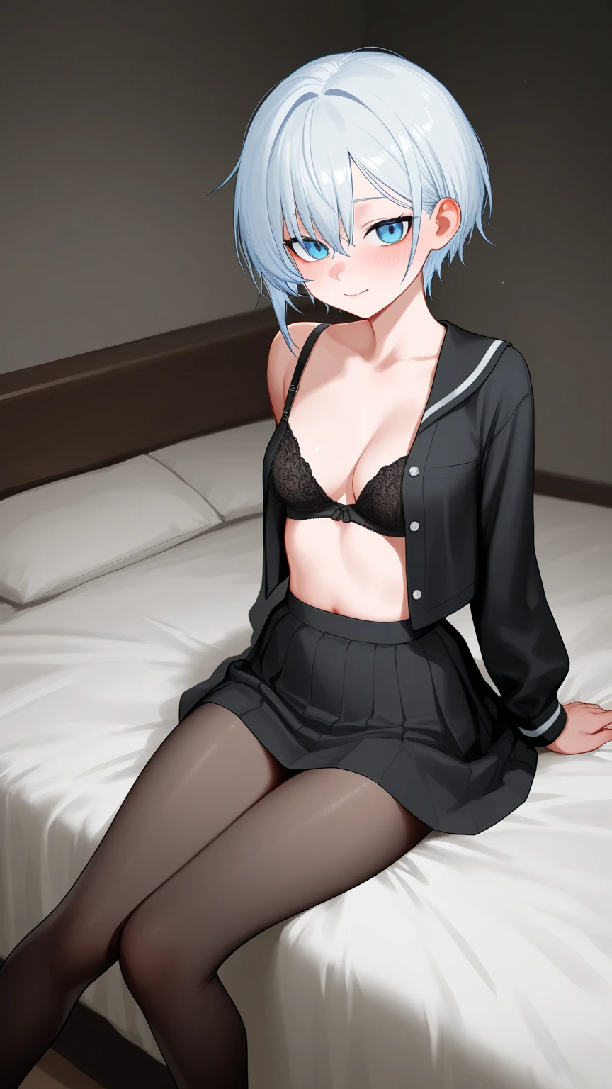 top-quality、1girl,Light blue hair、Shorthair、Blue eyes、Red cheeks、Clergy attire:1.5、sister、Open ?????:1.2、Putting out the navel:1.1、Black miniskirt、skinny legs、dark ilumination、Dark hotel room、Lying on your back on the bed:1.7、View here、Angle from diagonally above、Shy look、Background blur、​masterpiece
