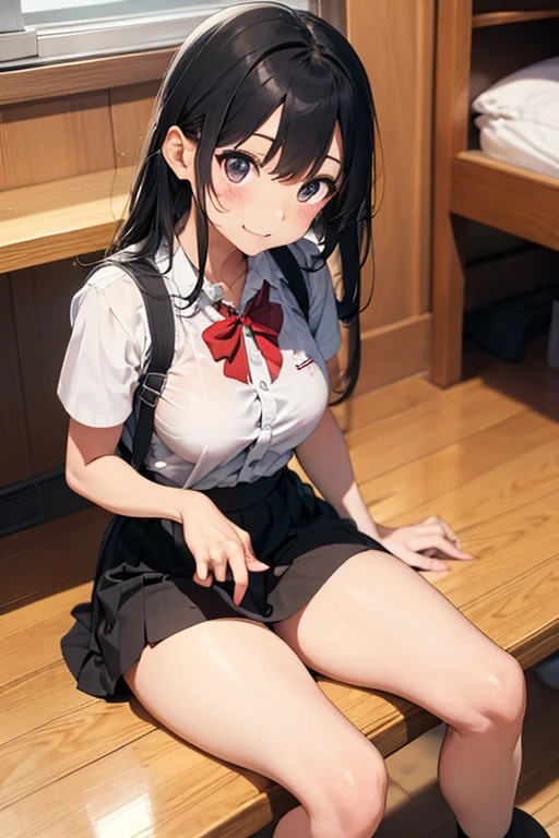 1 girl、laughter、fun!　shirt、pleated skirt、white skirt、（medium size ???????）squat、spread your leg-shaped ???????????、show white panties、show your panties to the viewer、?????? flick、Show your、show ???????