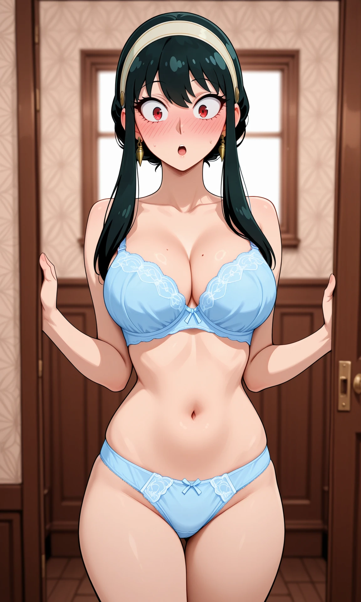 a mature woman with shiny black hair, split bangs that accentuates her forehead, long wavy sidelocks that reach past her shoulder, a single updo hair bun that resembles a conch, blue eyes, flustered, full face blush, ear blush, looking at viewer, embarrassed, yelling "I c-can't wear THIS!!" in a speech bubble, standing in front of a changing room in a clothing store, wearing a black bikini, black choker, gold bracelet, gold earrings, gold necklace, holding up a fishnet leotard in both her hands towards the viewer, looking at the viewer, sweating, standing next to a mirror, anime, art by Yoshiyuki Sadamoto, Rumiko Takahashi and Kentaro Miura