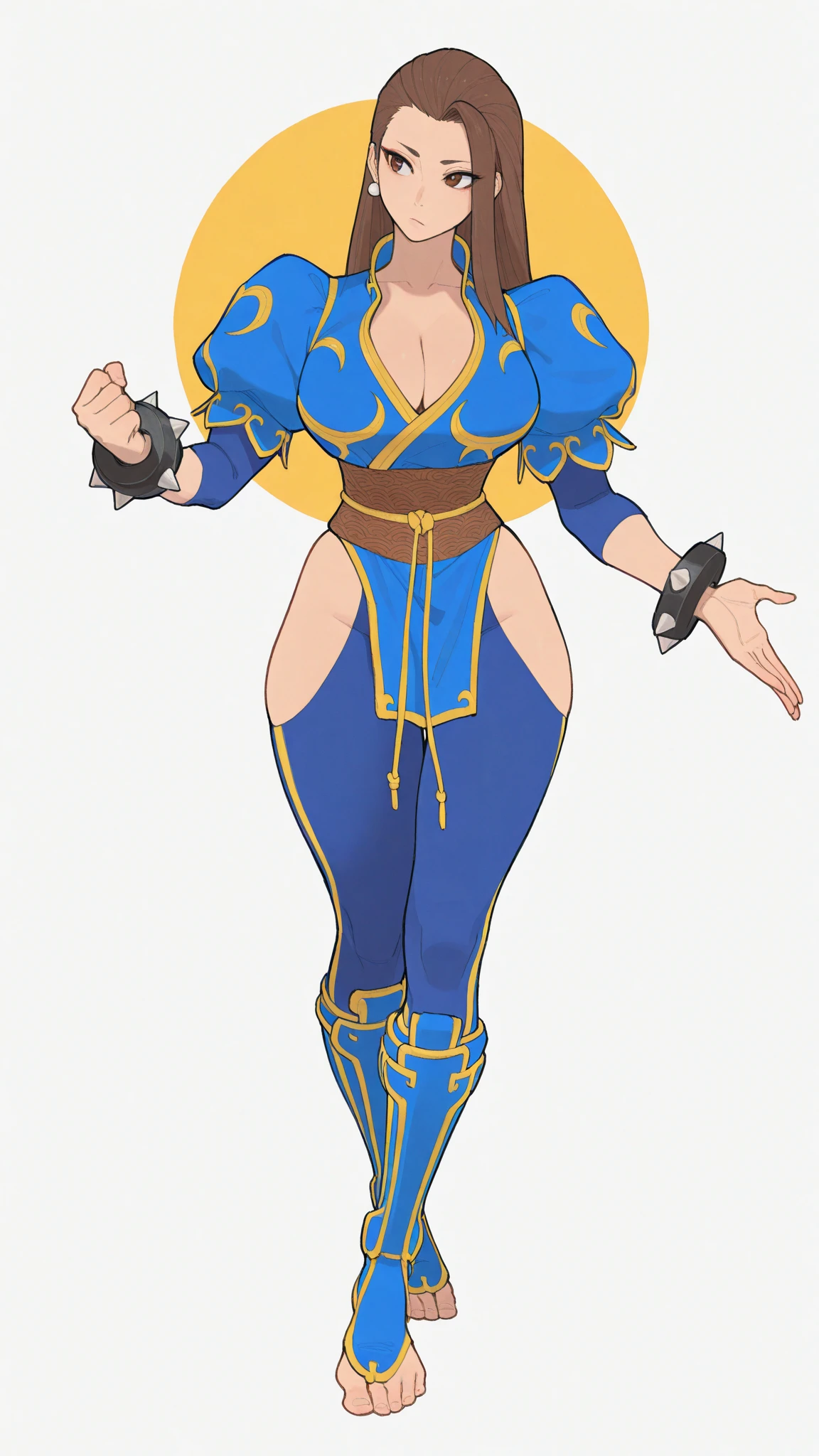 masterpiece, best quality, ultra-detailed, grey skin, full body, etna \(disgaea\), sf5 chun, adult, ?????????, back, flat ?????, blue hair, hair buns, china dress, high heel shoes, smug, smirk, abs, collar, strapless, belt, scorpion tail, blue hair,