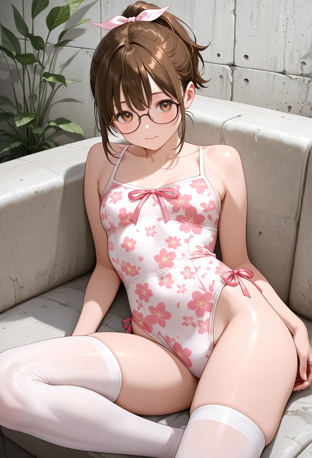 Solo, Sumire Yoshizawa, 1 woman, white skin, Japanese, red eyes, medium red hair with bangs and ponytail, small , glasses, anime), ((, )), masterpiece, best quality, 8k, sharp focus, depth of field, best shadows, perfect lights, HDR, realistic skin texture, hyper detailed background,  lingerie, panties, japanese house, lying on the floor, oiled body