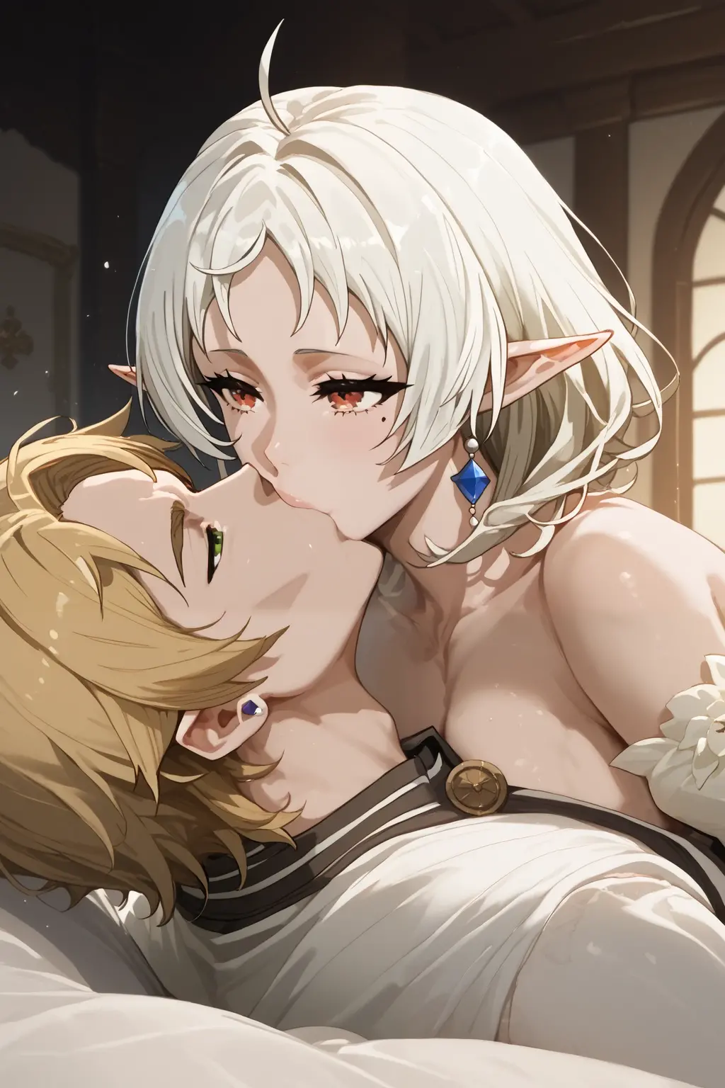 The elf is very beautiful, her body is slim and toned, His skin and hair are white with gold tones., His eyes are golden with a beautiful shine., his countenance is very attractive, her hair short but well combed, Her legs are slim and toned and her hands look very delicate both physically and mentally..