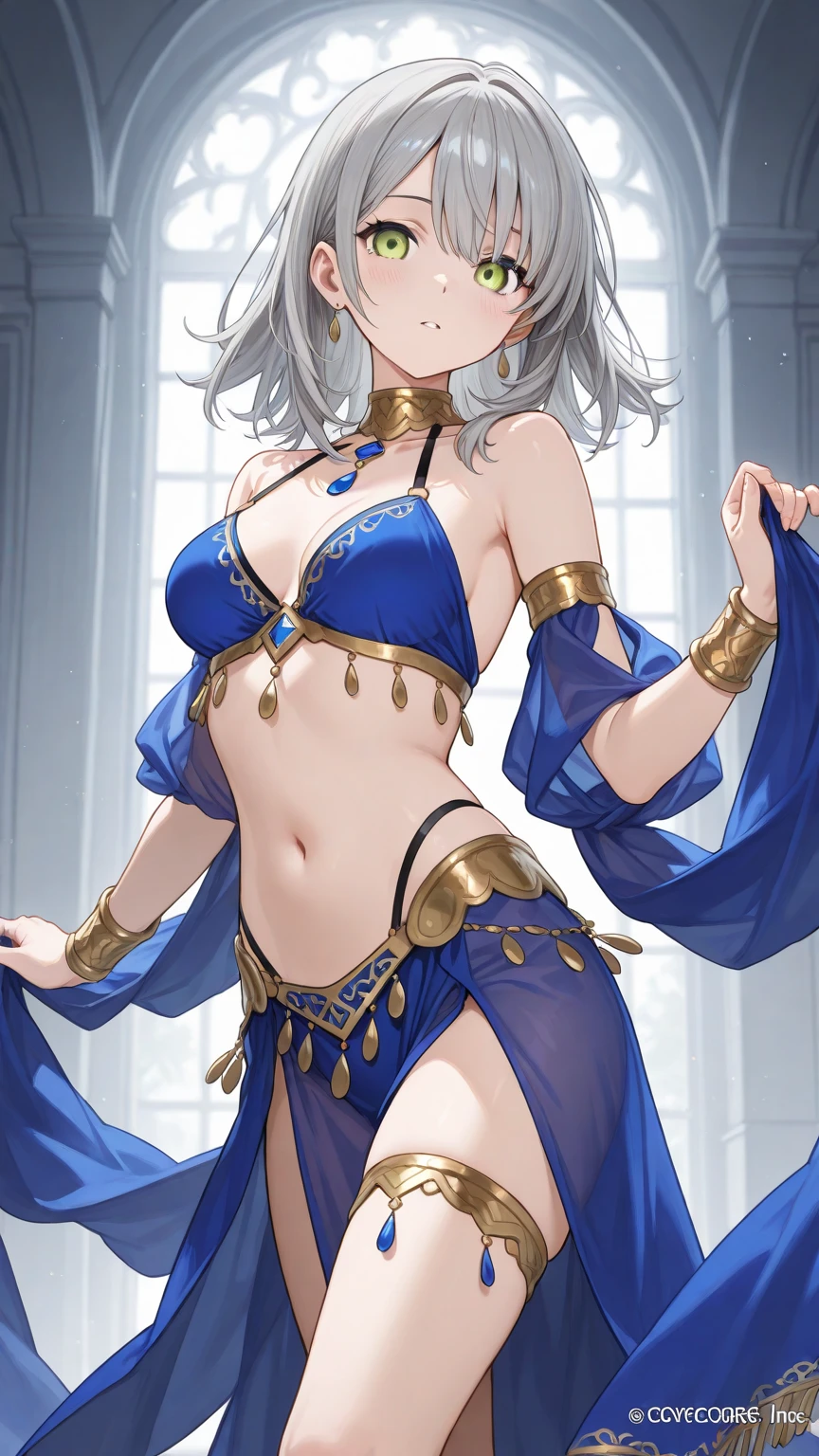 female up,Dancer,Brown skin,Arabian,Moonlit Night,Bonfire,Toned body,Silver Hair,Short Hair,Blue Eyes,twins