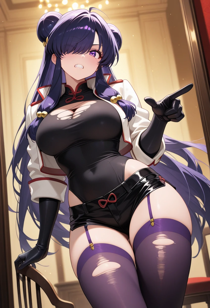 Cute naughty Artificer mother, Pastel colors hair, (Excessively overwhelmingly gigantic breasts:1.2, bursting breasts, Thighs:1.2, thick legs:1.2, curvy:1.2, towering stature:1.6, massive fat thick unnatural belly, Plump), purple eyes, (ahoge, messy hair:1.2, tired hair:1.2, flipped hair, very long hair, bags under eyes:1.3), black hair, (purple hair:1.2), (blush:1.2, emberrased:1.2, quiet personality:1.2, scared:1.2, looking away, wavy mouth, shy), (), at the adventurer's guild, A bulletin board with posted paper, hand over face