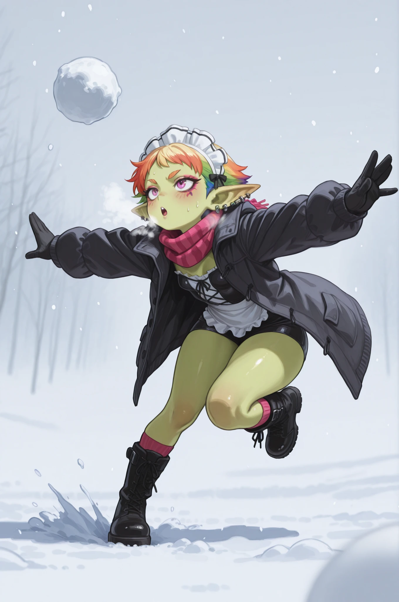 female punk, rainbow colors hair, very short hair, black eye , facial piercings, eye makeup, small breasts, meduim hips, (goblin girl:1.0) (shortstack:1.0) (green skin:1.0) (pointy ears:1.0) (wide hips:1.0)| 1girl,(sho \(sho lwlw\):0.7),(sincos:0.3),solo, masterpiece, best quality, newest, absurdres, CG, anime, source anime, illustration, maid, maid headdress, snowball fight, snowball, snow, snowing, outdoors, winter, winter clothes, open coat, boots, gloves, coat, scarf, long sleeves, blush, breath, throwing, outstretched arms, standing, standing on one leg, leg up, spread arms, outstretched arm, blurry foreground, leaning forward, motion blur, dutch angle, full body, looking ahead,