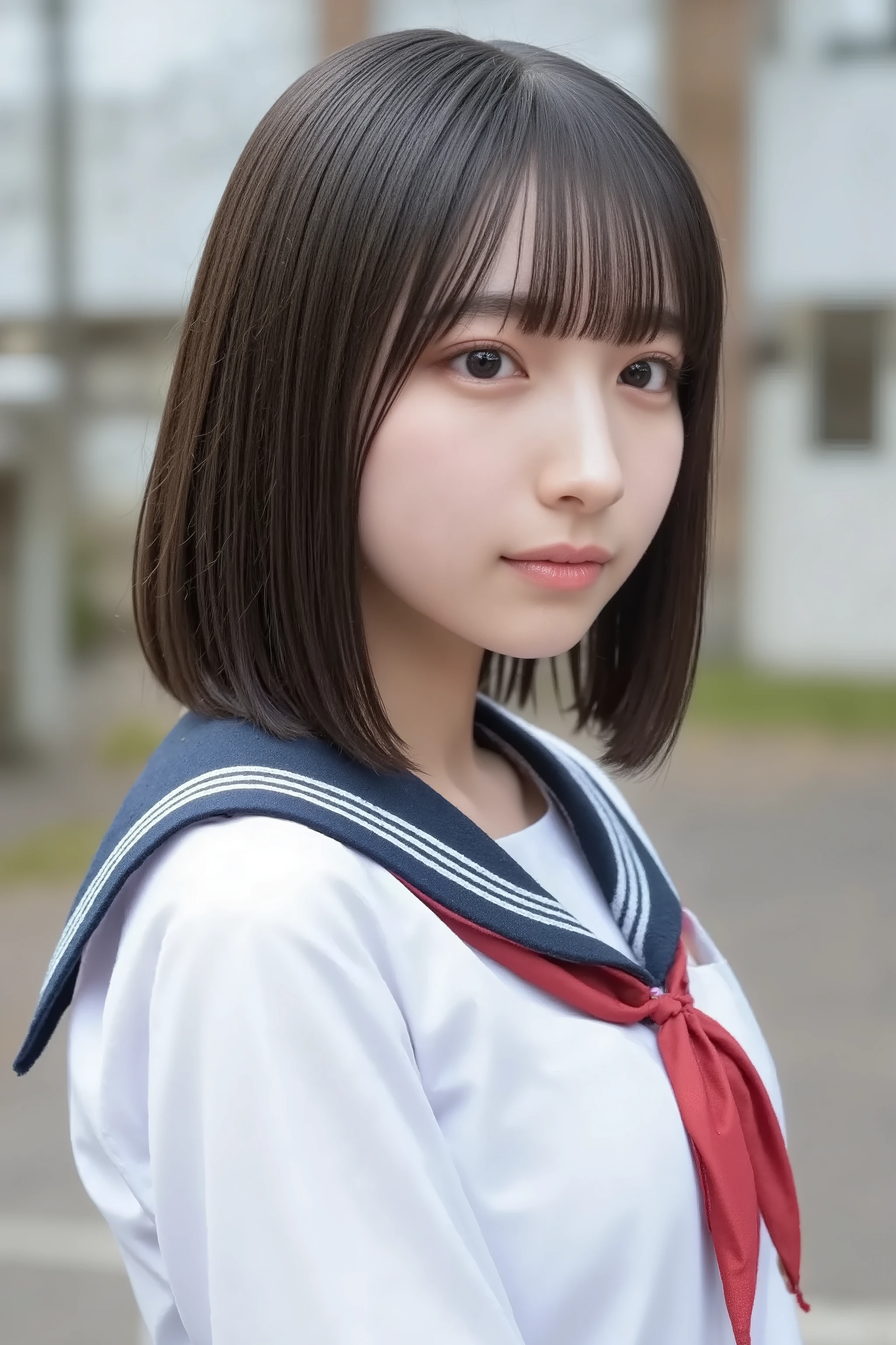 sailor_uniform,This photo captures a beautiful Japanese woman. school uniform, close up, skinny,
The image is very high resolution, with clear skin texture. The focus is very sharp and focused on her face. This is an ultra-high resolution image. She is facing forward. Natural makeup that looks like no makeup. She has shiny black hair. Her skin is beautiful, fair, fine-grained, and even. 
