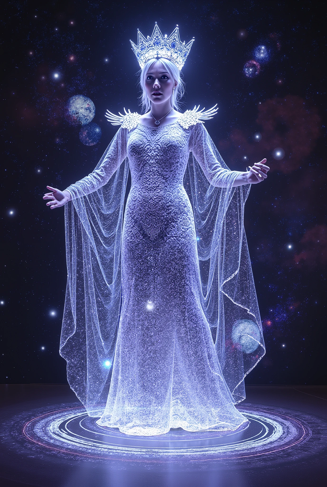 The Queen of Hearts card transforms into a 3D hologram that appears to be made of cosmic energy. As the Queen emerges, stars and galaxies swirl around her, creating a sense of traveling through the universe. The Queen's attire is adorned with celestial patterns, and his crown is a glowing star cluster. The hologram floats in front of you, with the background shifting through different cosmic scenes, from nebulae to black holes. Atmosphere: Perfect for space-themed events, science fiction conventions, or futuristic tech expos.