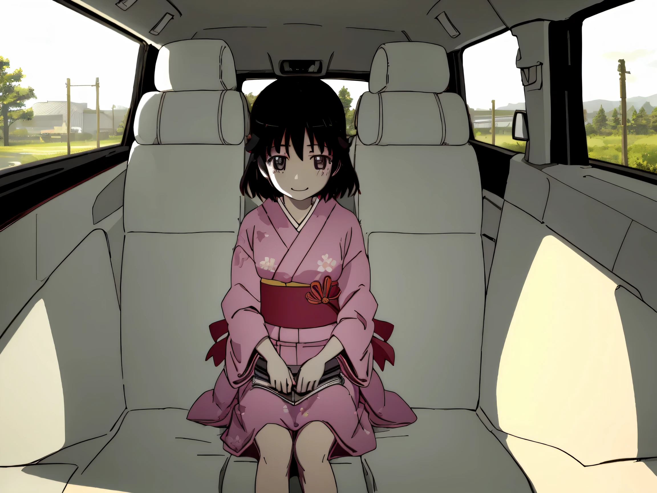 Warm and gentle illustration of a peaceful family drive, shown from the passenger seat perspective. Soft morning light enters the car, creating a calm and relaxed atmosphere. A man is driving with a gentle expression, a woman and a small child sit in the back seat smiling softly. Warm color palette, soft shading, slight blur for emotional depth, subtle lens flare, studio-quality lighting, heartwarming realism, Japanese illustration style.