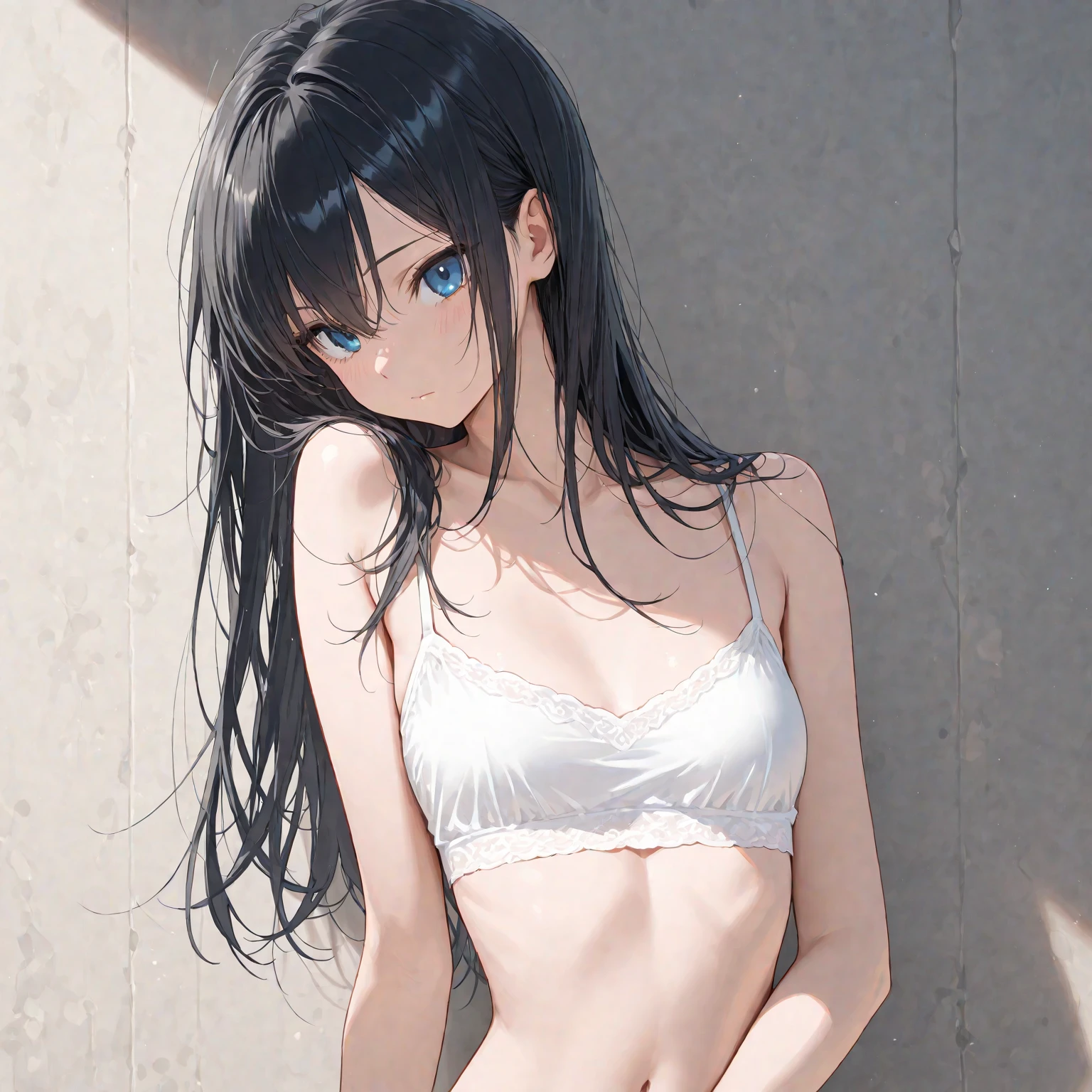 cute girl, pretty face, bitter smile, 12 years old, Beautiful black long hair, beautiful eyes, flat ?????, small build, short torso, Small ????????, No muscles, white skin, White tank top, black panties, indoor heated swimming pool