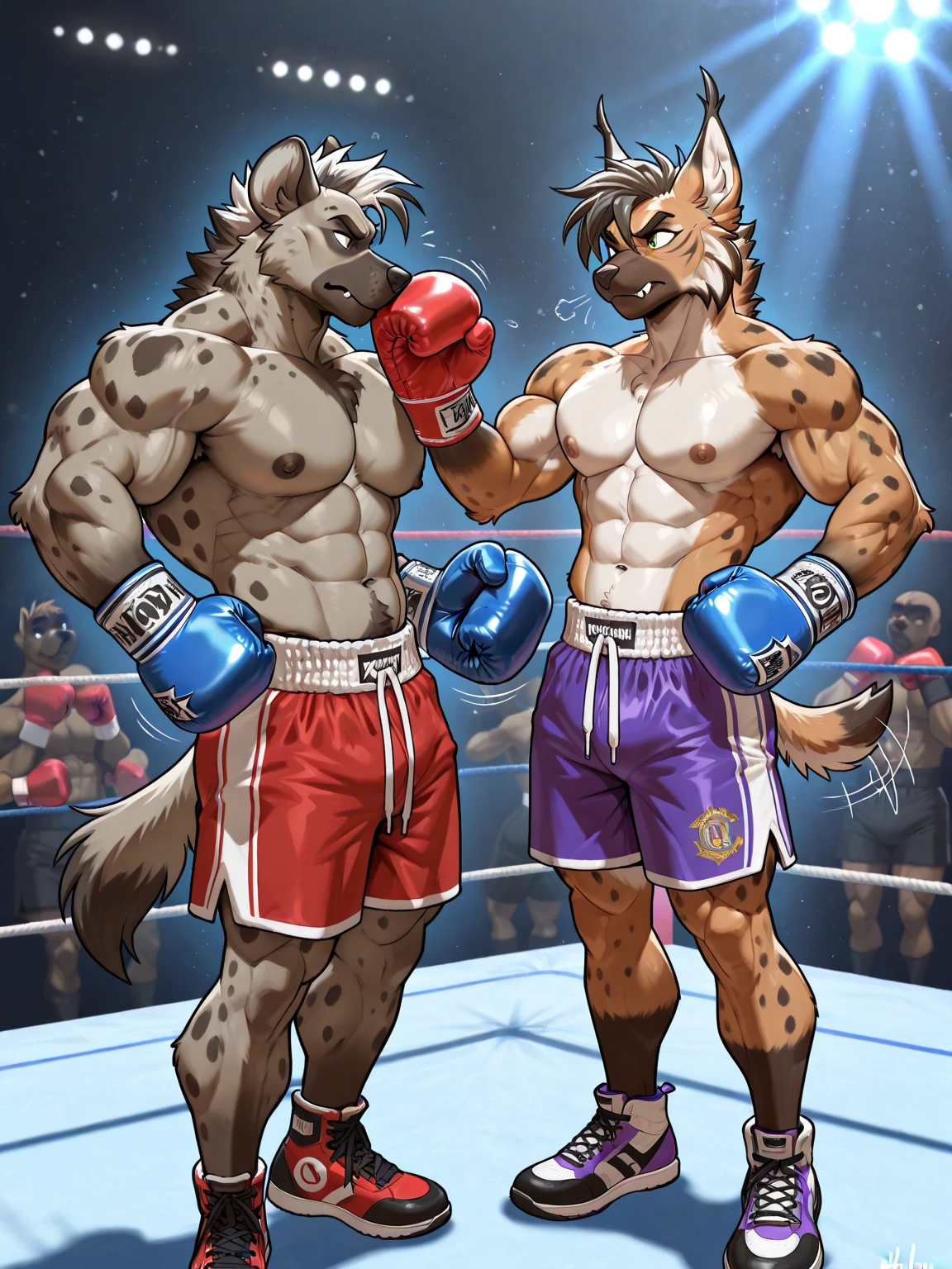 Duo male(Brown Dog vs Brown Dog, handsomes, perfect eyes, Thick eyebrows), gay(sitting on the ground, legs on legs, cuddling embraced , in a boxing ring), hot(), handsomes(They are handsomes, correct ), musculosos(Big muscle bodies, Six packs, muscle abs, big pecs, muscle backs), sweaty(very sweaty wet bodies, shiny sweat), tatuajes(they have tattoos), Angry(They have an angry expression), UFC gloves(They both are wearing black UFC gloves), boxers(They both are wearing black UFC boxers), Hight resolution