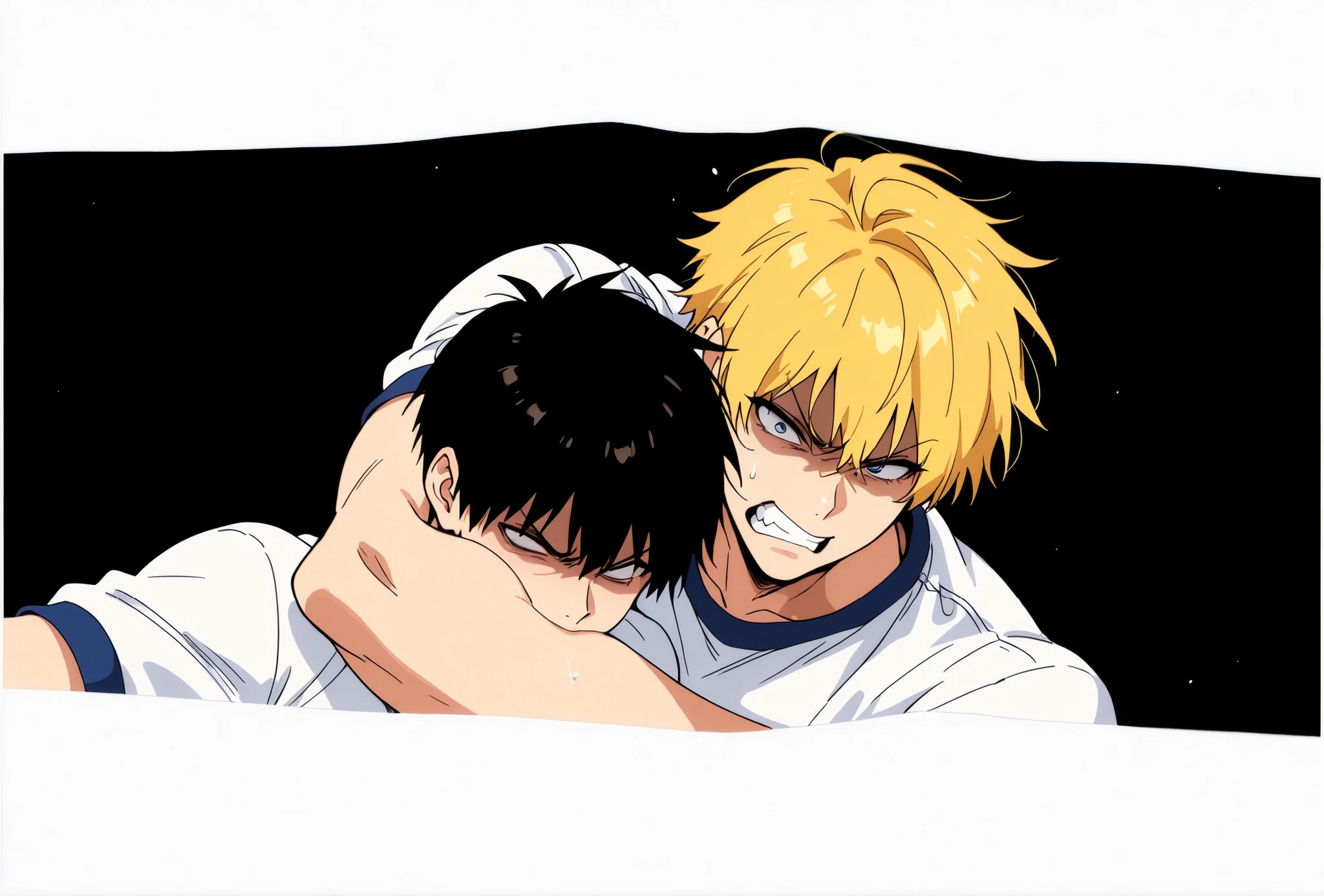 Masterpiece, top quality, gym clothes, blonde, high school boy, angry, hugging, black background