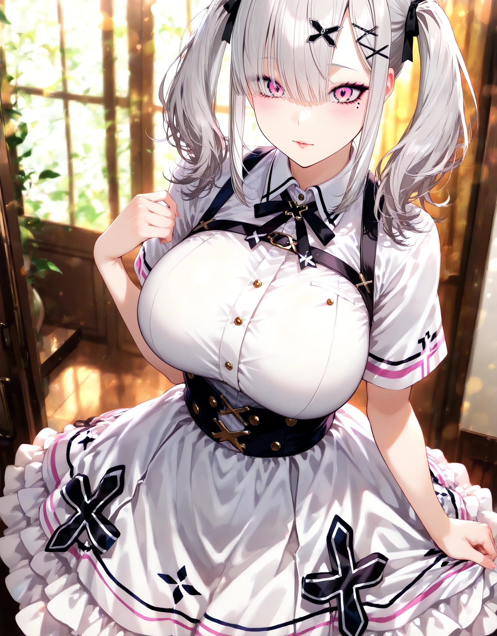 General Details: very detailed, highly detailed, exceptionally high detail, exceptionally detailed, best quality, 2.5D artwork, perfect lighting and shadows, perfect artwork, one girl, beautiful hands, perfect hands
Clothing: clothing, (simple dark gray pleated short skirt: 1.4), (black leather belt with shiny gold buckle: 1.3), (dark red bow tie: 1.2), short sleeves, white shirt, shirt with white buttons
 Expression: slight smile at the corner of the mouth, sly gaze
Posture: standing, posing, looking at the viewer
Character Traits: slender, kawaii, perfectly symmetrical face, slightly pink soft cheeks, extremely cute girl, extremely cute face, exceptionally detailed eyes, exceptionally detailed hair, extremely cute
Background: abandoned city, night, dark, deep focus, exceptionally detailed background
Additional Physical Characteristics: large hips, large thighs, beautiful long slim legs
Hairstyle: (short bob with  bangs), single pigtail on the left, hair between the eyes, multi-colored hair, (white hair with light red tips), amber eyes